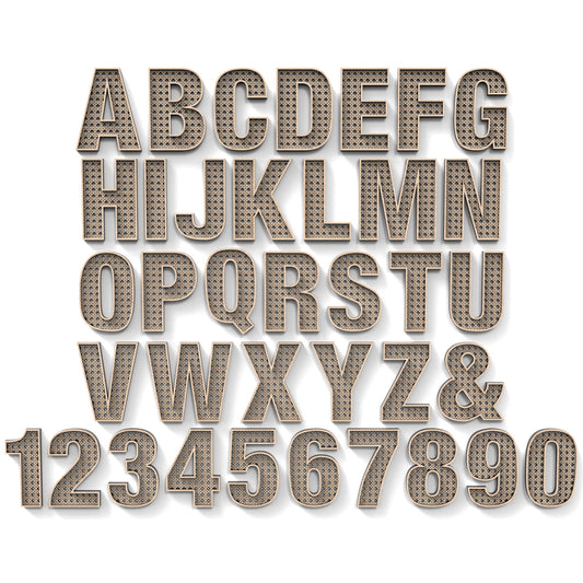 The full alphabet A-Z and numbers 0-9 of Rattan Letters and Numbers made from our laser cutting files and available as a digital download. Each letter or number features a rattan pattern cut out of its centre and includes an optional second edge trim layer for added depth.