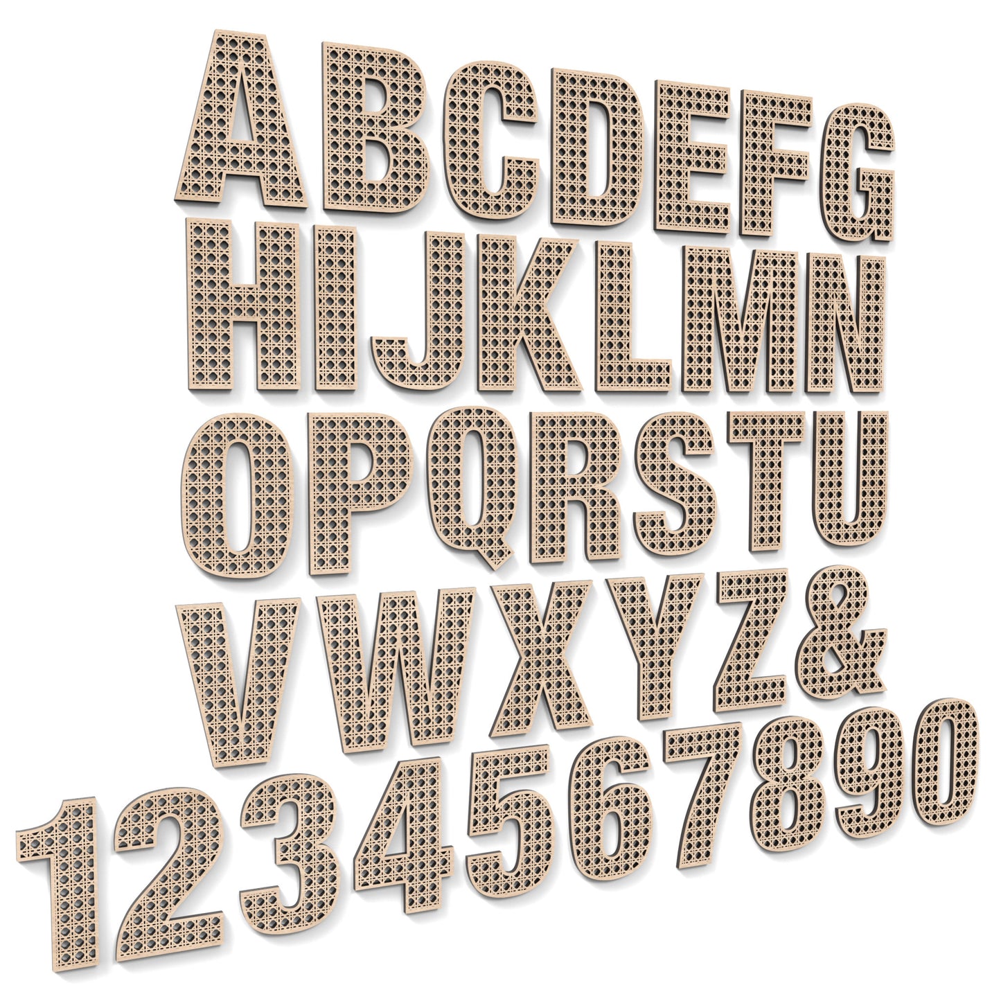 The full alphabet A-Z and numbers 0-9 of Rattan Letters and Numbers made from our laser cutting files and available as a digital download. Each letter or number features a rattan pattern cut out of its centre and includes an optional second edge trim layer for added depth.