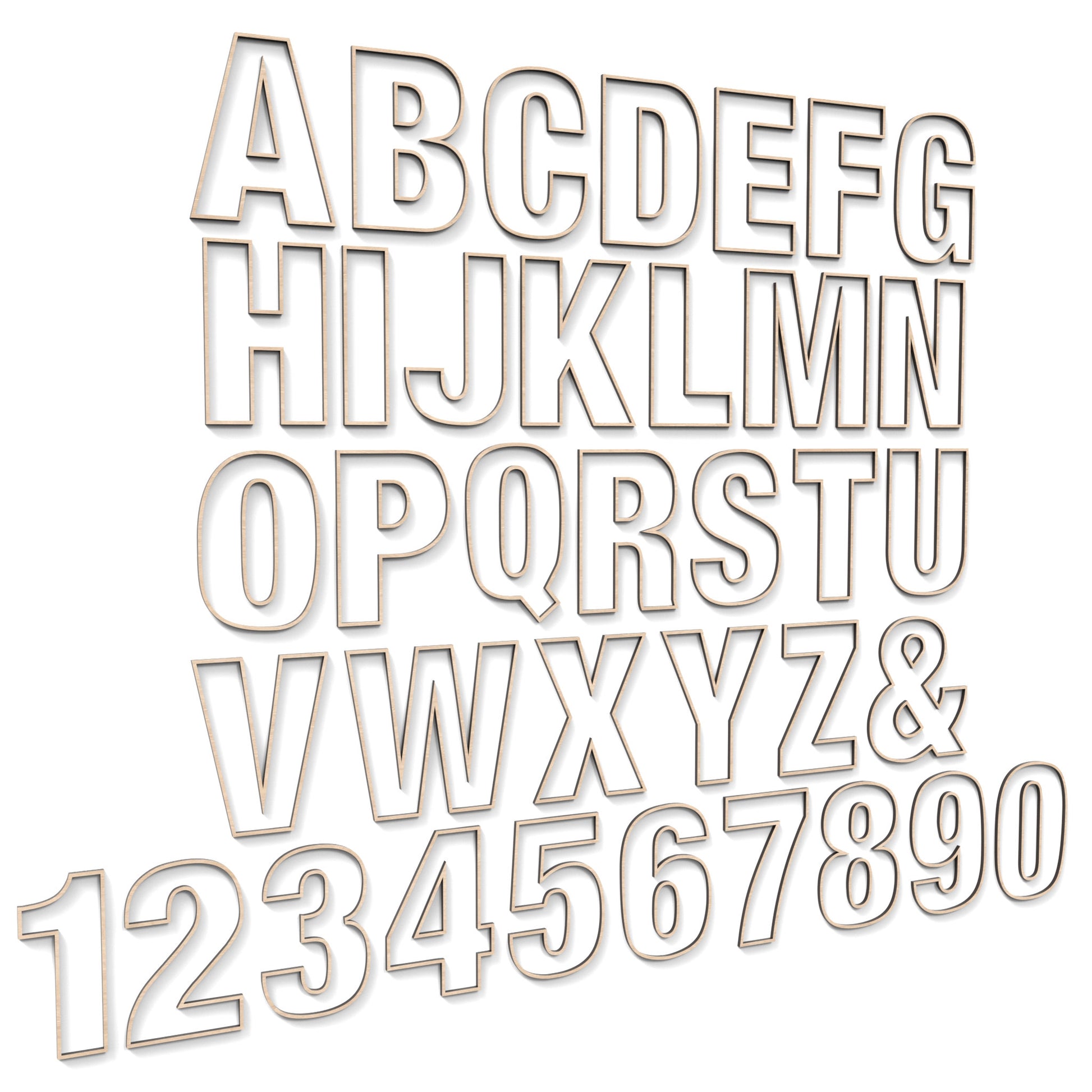 The full alphabet A-Z and numbers 0-9 of Rattan Letters and Numbers made from our laser cutting files and available as a digital download. Each letter or number features a rattan pattern cut out of its centre and includes an optional second edge trim layer for added depth.