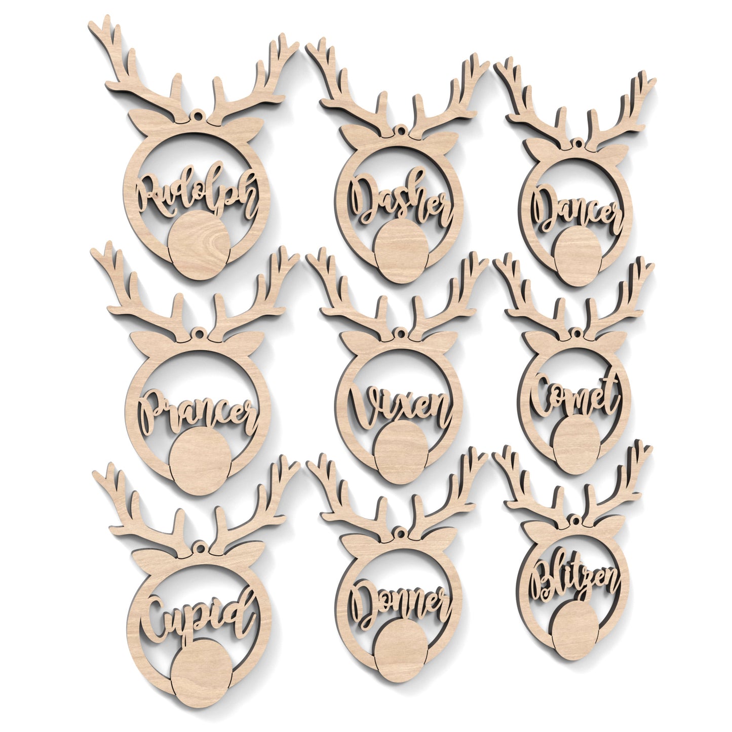 Set of 9 Santa's Reindeer Baubles made from our laser cutting files and available for digital download. Each reindeer has a name of Santa's reindeer cut out of its centre.