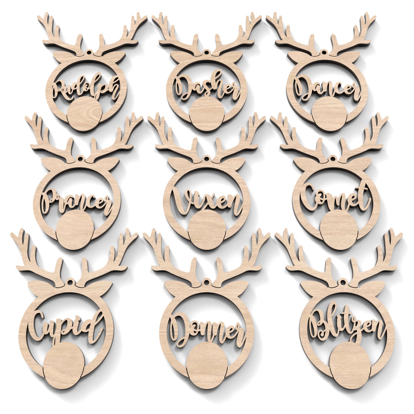 Set of 9 Santa's Reindeer Baubles made from our laser cutting files and available for digital download. Each reindeer has a name of Santa's reindeer cut out of its centre.