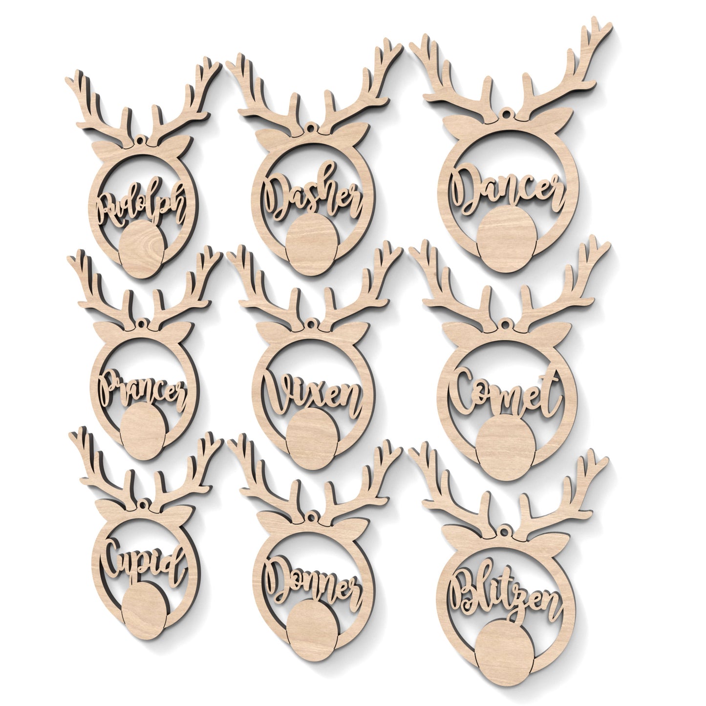 Set of 9 Santa's Reindeer Baubles made from our laser cutting files and available for digital download. Each reindeer has a name of Santa's reindeer cut out of its centre.