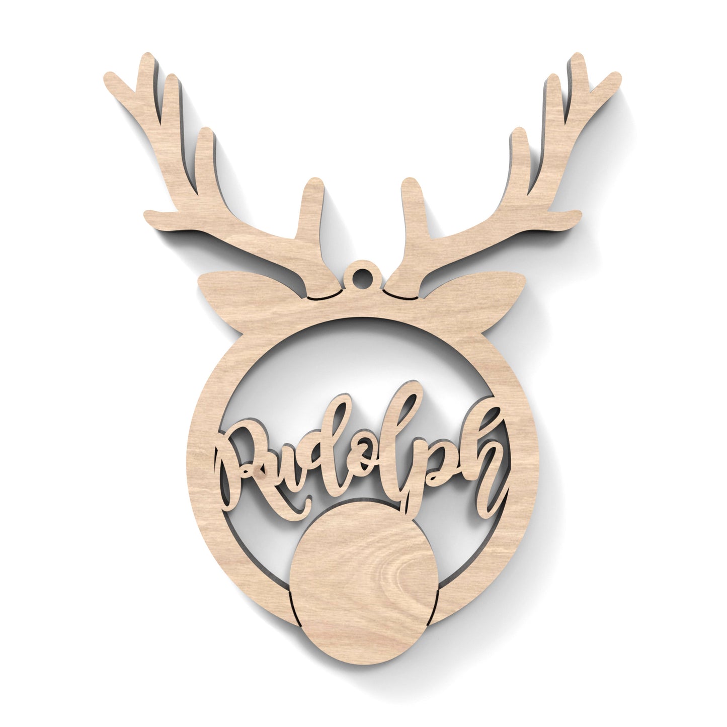 A Santa Reindeer Bauble made from our laser cutting files and available for digital download. The reindeer bauble has a name of Santa's reindeer cut out of its centre.