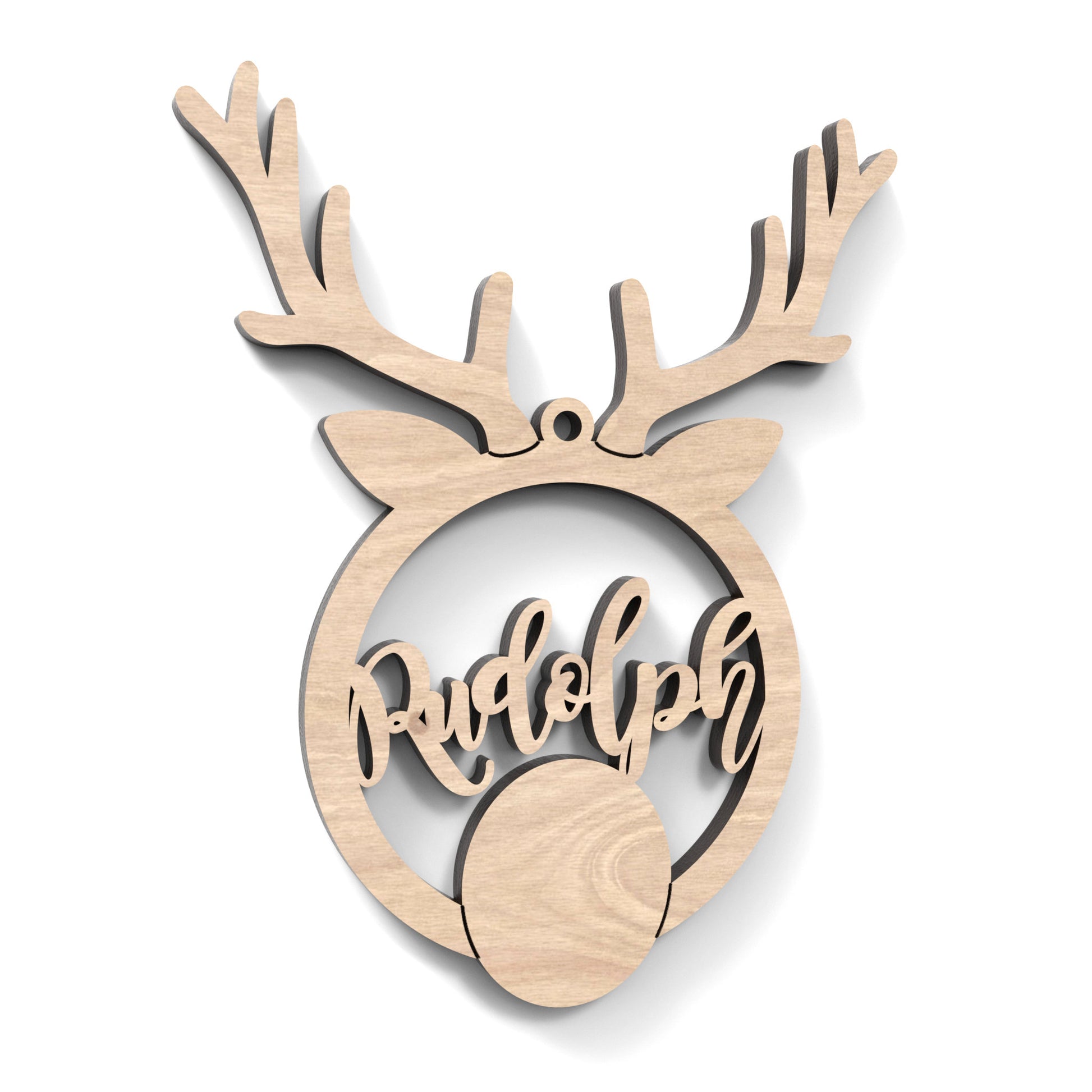 A Santa Reindeer Bauble made from our laser cutting files and available for digital download. The reindeer bauble has a name of Santa's reindeer cut out of its centre.