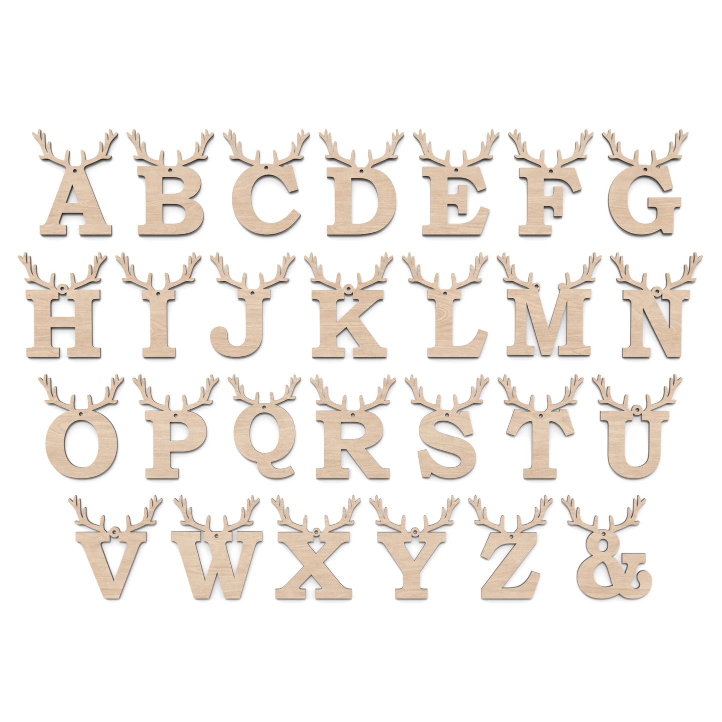 Full alphabet of Christmas Reindeer Letters made from our laser cutting files and available for digital download. Each letter is topped with detailed reindeer antlers, adding a playful and festive touch to your decorations.