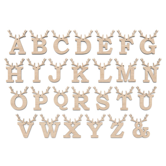 Full alphabet of Christmas Reindeer Letters made from our laser cutting files and available for digital download. Each letter is topped with detailed reindeer antlers, adding a playful and festive touch to your decorations.