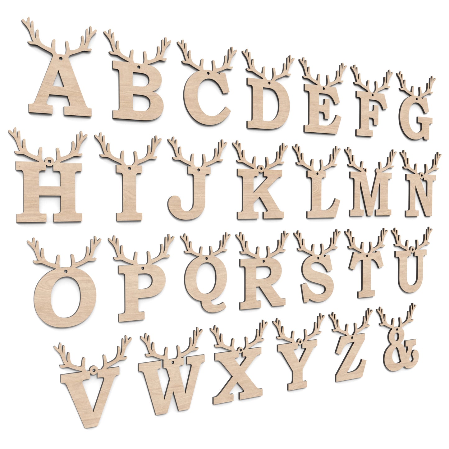 Full alphabet of Christmas Reindeer Letters made from our laser cutting files and available for digital download. Each letter is topped with detailed reindeer antlers, adding a playful and festive touch to your decorations.