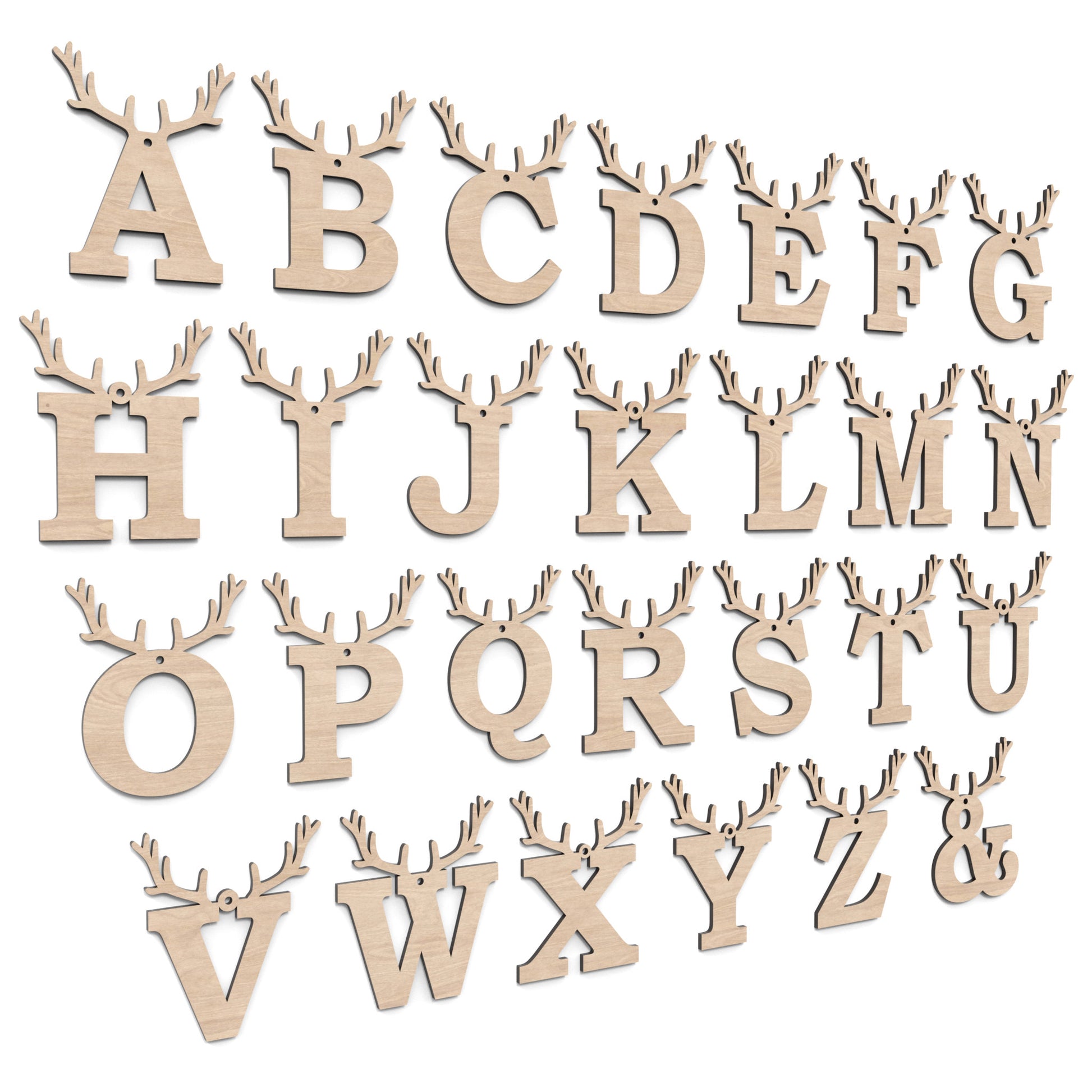 Full alphabet of Christmas Reindeer Letters made from our laser cutting files and available for digital download. Each letter is topped with detailed reindeer antlers, adding a playful and festive touch to your decorations.