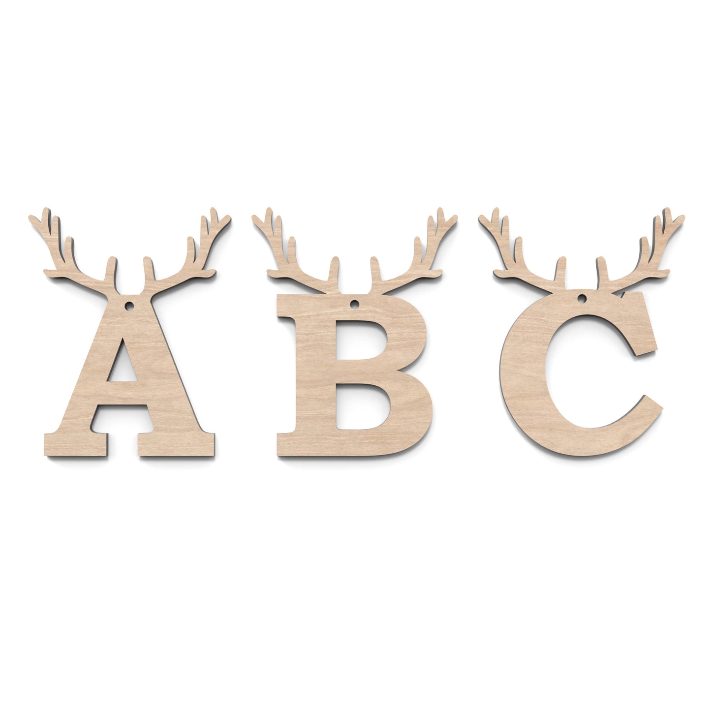 The letters A, B, and C of our Christmas Reindeer Letters made from our laser cutting files and available for digital download. Each letter is topped with detailed reindeer antlers, adding a playful and festive touch to your decorations.