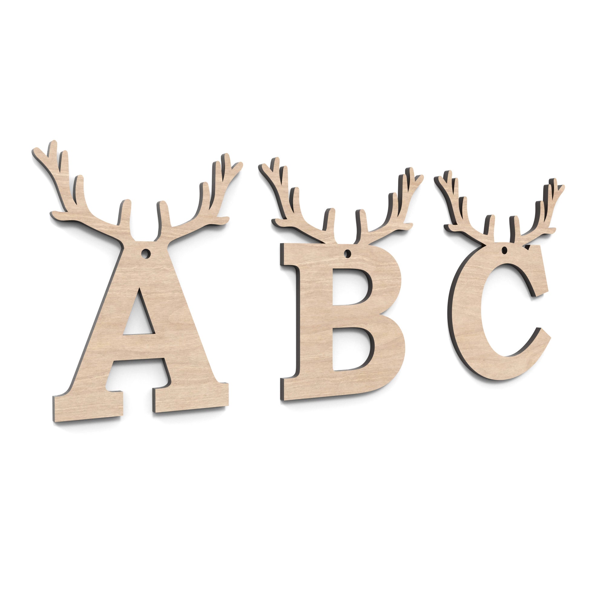 The letters A, B, and C of our Christmas Reindeer Letters made from our laser cutting files and available for digital download. Each letter is topped with detailed reindeer antlers, adding a playful and festive touch to your decorations.