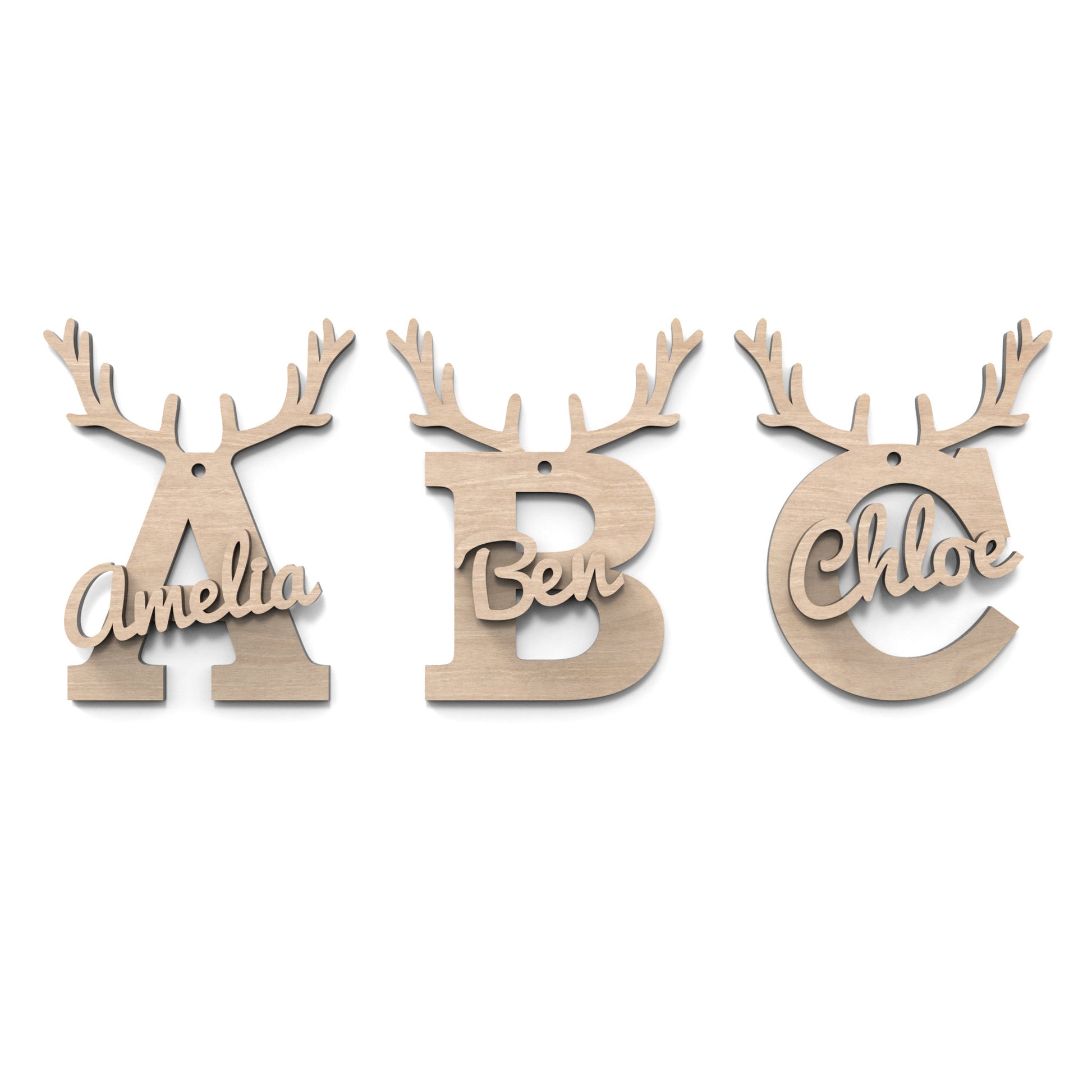 The letters A, B, and C of our Christmas Reindeer Letters made from our laser cutting files and available for digital download. Each letter is topped with detailed reindeer antlers, adding a playful and festive touch to your decorations.