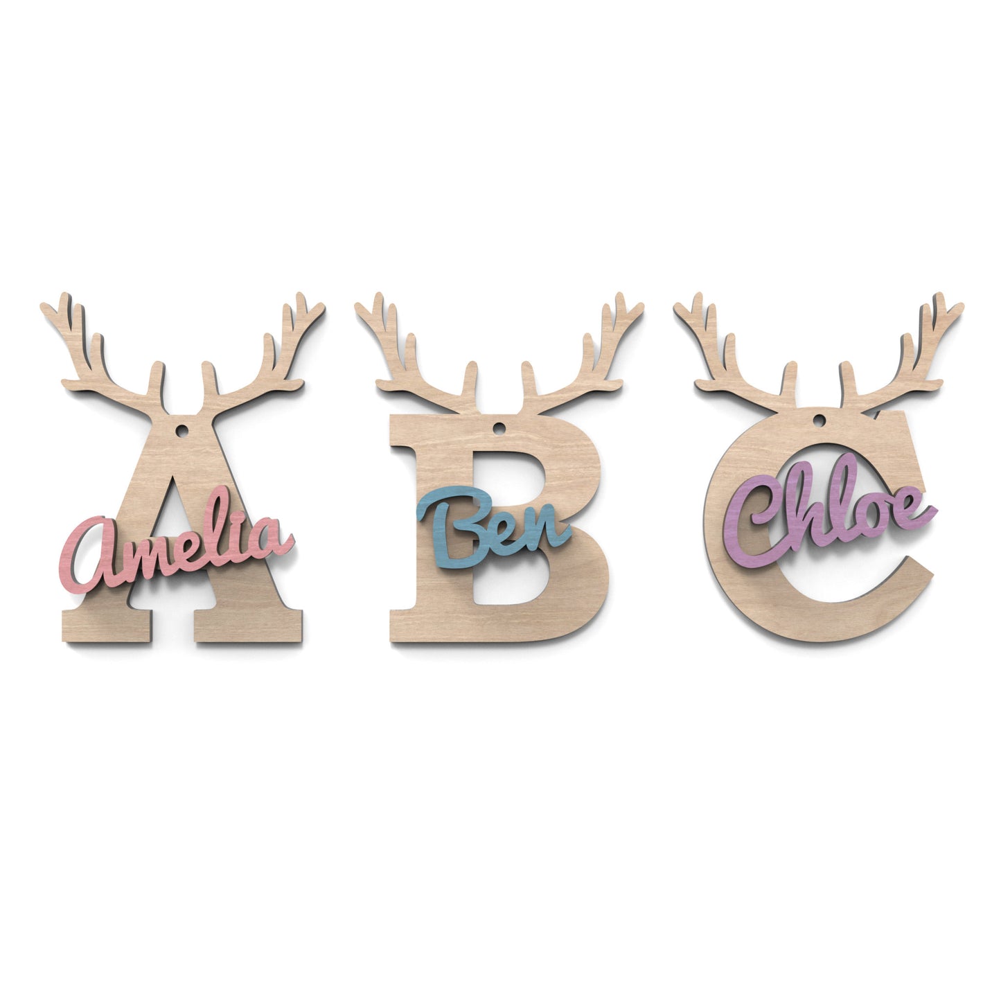 The letters A, B, and C of our Christmas Reindeer Letters made from our laser cutting files and available for digital download. Each letter is topped with detailed reindeer antlers, adding a playful and festive touch to your decorations.