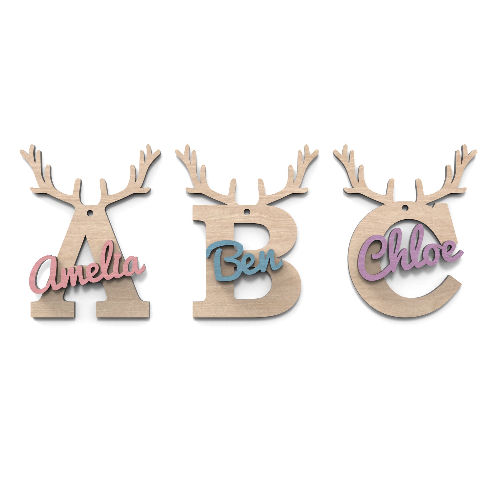 The letters A, B, and C of our Christmas Reindeer Letters made from our laser cutting files and available for digital download. Each letter is topped with detailed reindeer antlers, adding a playful and festive touch to your decorations.