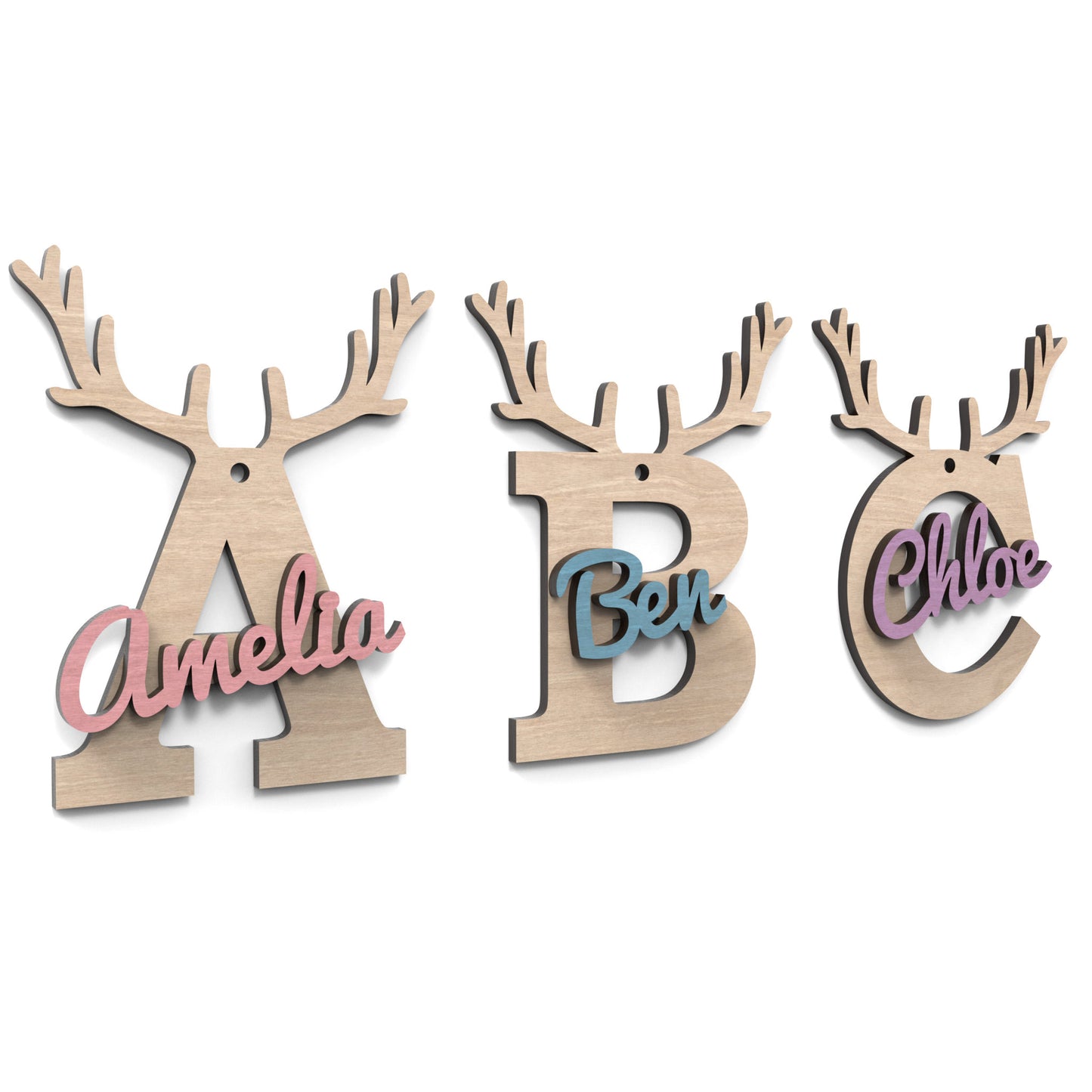 The letters A, B, and C of our Christmas Reindeer Letters made from our laser cutting files and available for digital download. Each letter is topped with detailed reindeer antlers, adding a playful and festive touch to your decorations.