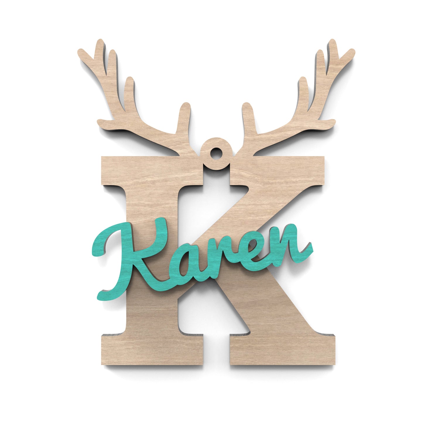 The letter K with personalised name Karen, of our Christmas Reindeer Letters made from our laser cutting files and available for digital download. Each letter is topped with detailed reindeer antlers, adding a playful and festive touch to your decorations.