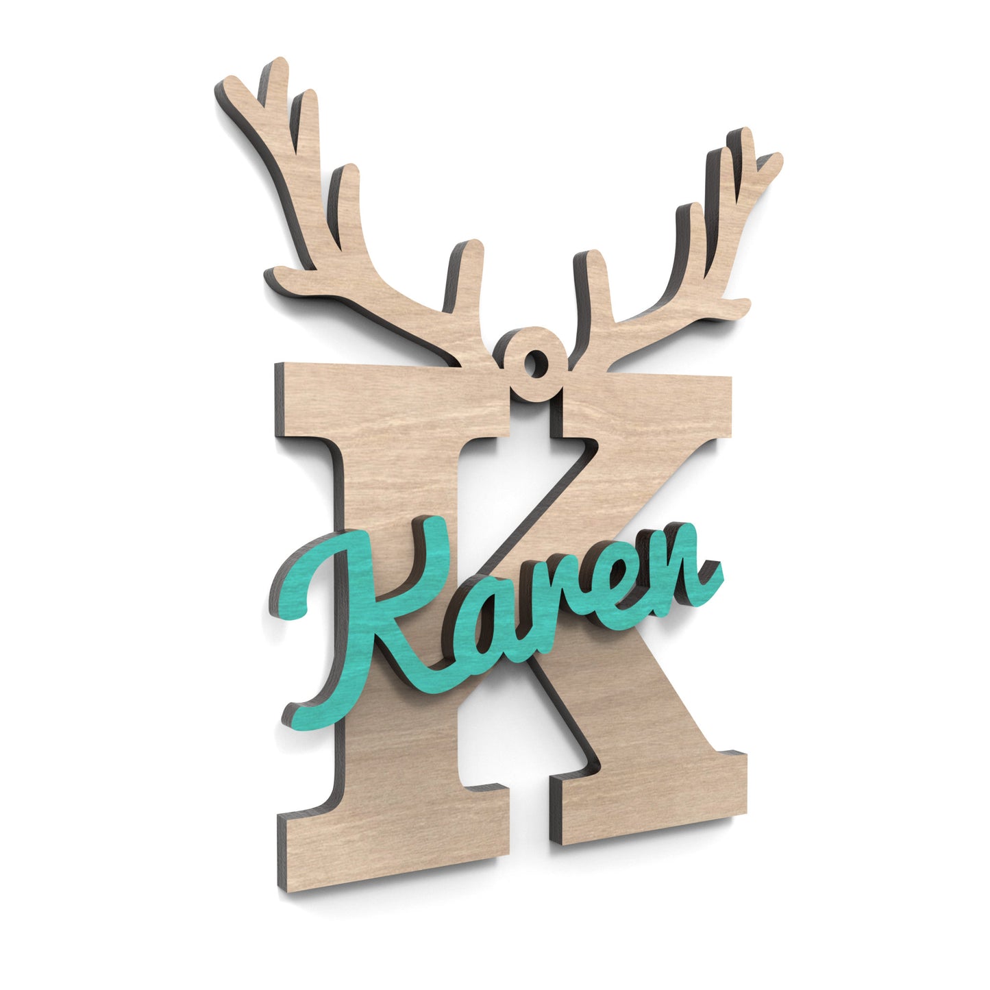 The letter K with personalised name Karen, of our Christmas Reindeer Letters made from our laser cutting files and available for digital download. Each letter is topped with detailed reindeer antlers, adding a playful and festive touch to your decorations.