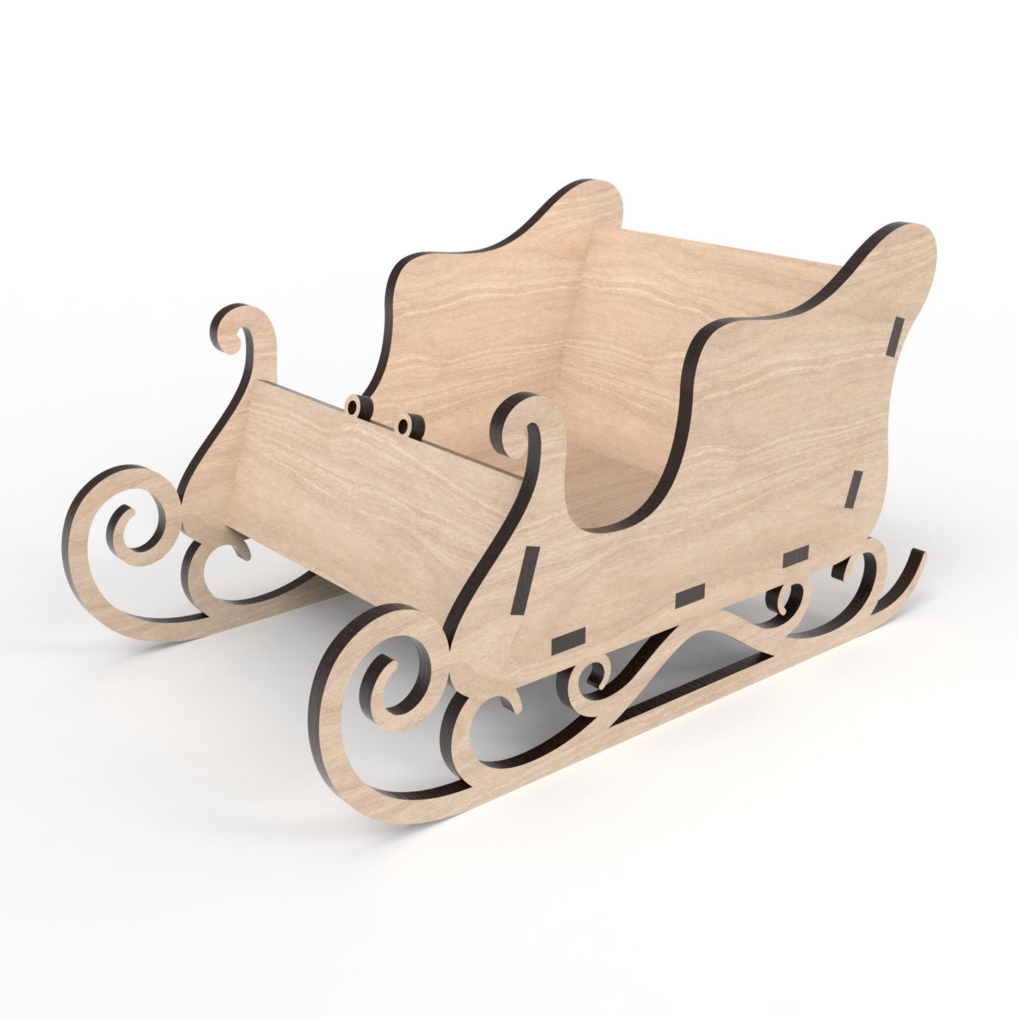 Slot together Santa Sleigh Kit made from our laser cutting files and available for digital download. The sleigh measures approximately 20cm L x 11cm H x 12cm W, perfect for sweets, treats, or small display items.