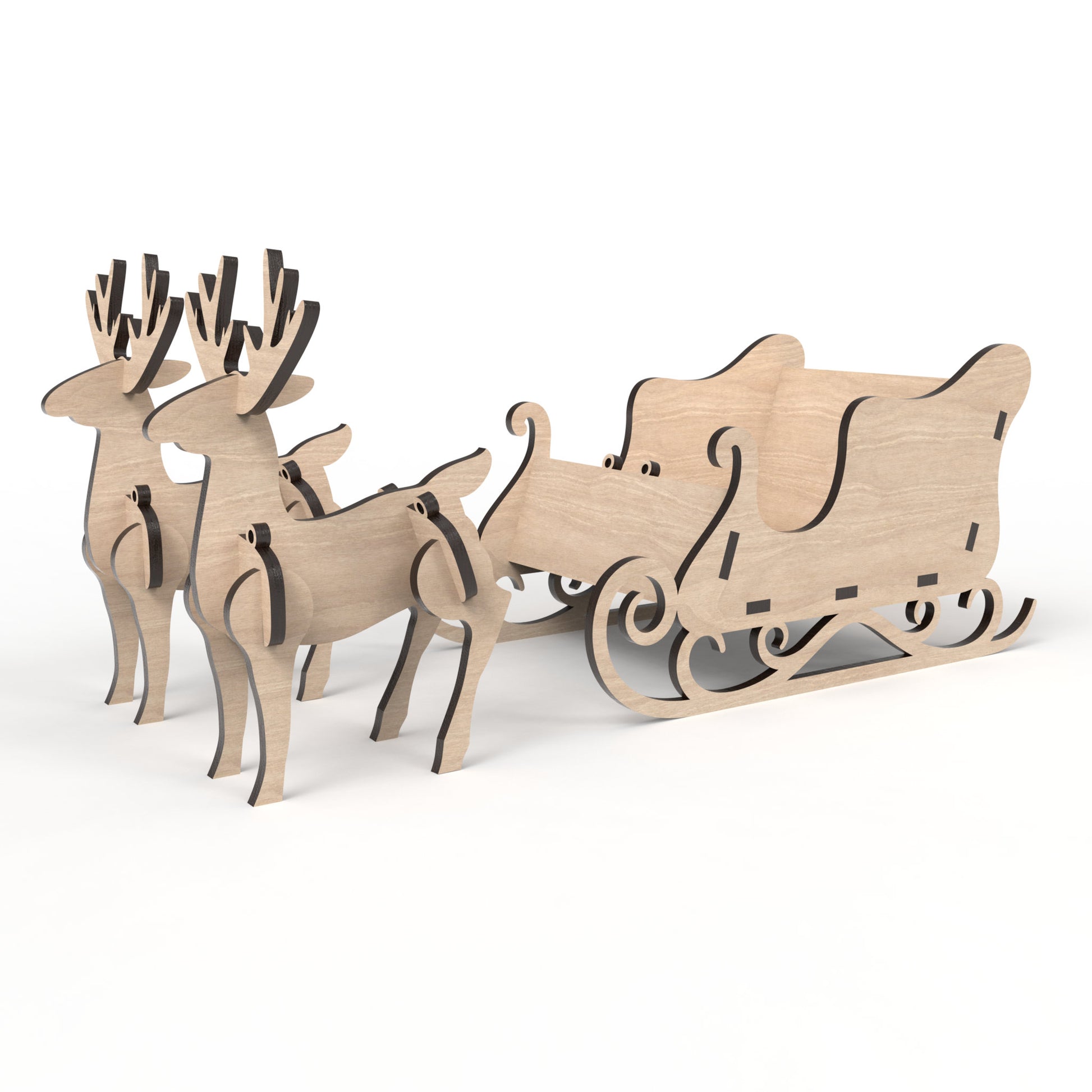 3D Reindeer and Santa Sleigh Kit made from our laser cutting files and available for digital download. The reindeer measure approximately 10.5cm L x 14cm H x 4.5cm W, and the sleigh measures 20cm L x 11cm H x 12cm W, perfect for sweets, treats, or small display items.