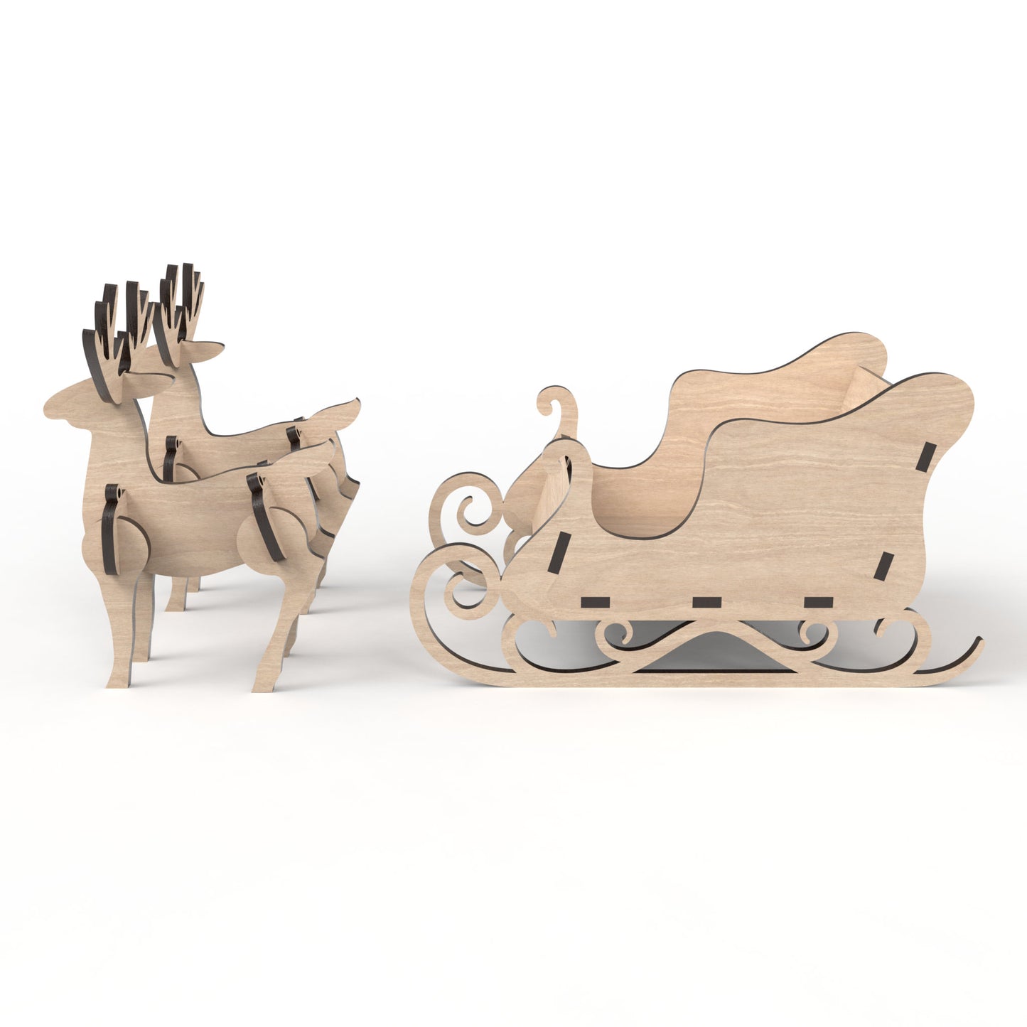 3D Reindeer and Santa Sleigh Kit made from our laser cutting files and available for digital download. The reindeer measure approximately 10.5cm L x 14cm H x 4.5cm W, and the sleigh measures 20cm L x 11cm H x 12cm W, perfect for sweets, treats, or small display items.