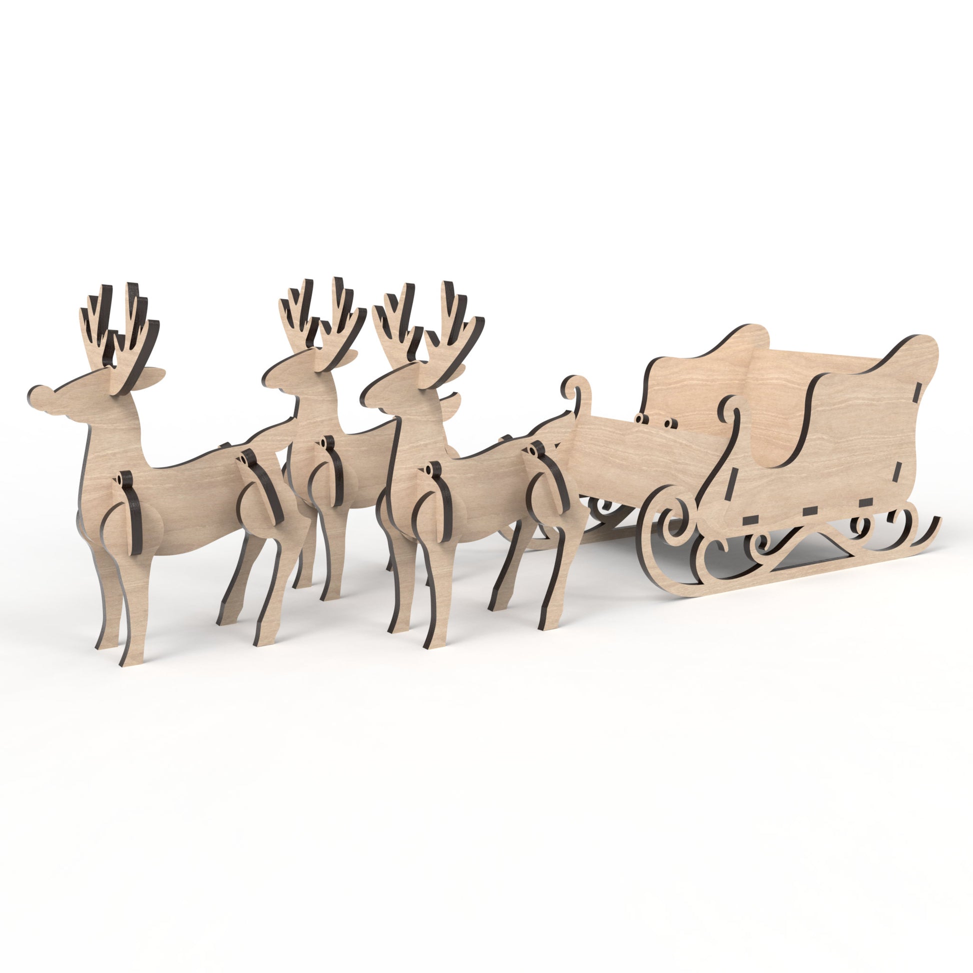 3D Reindeer and Santa Sleigh Kit made from our laser cutting files and available for digital download. The reindeer measure approximately 10.5cm L x 14cm H x 4.5cm W, and the sleigh measures 20cm L x 11cm H x 12cm W, perfect for sweets, treats, or small display items.