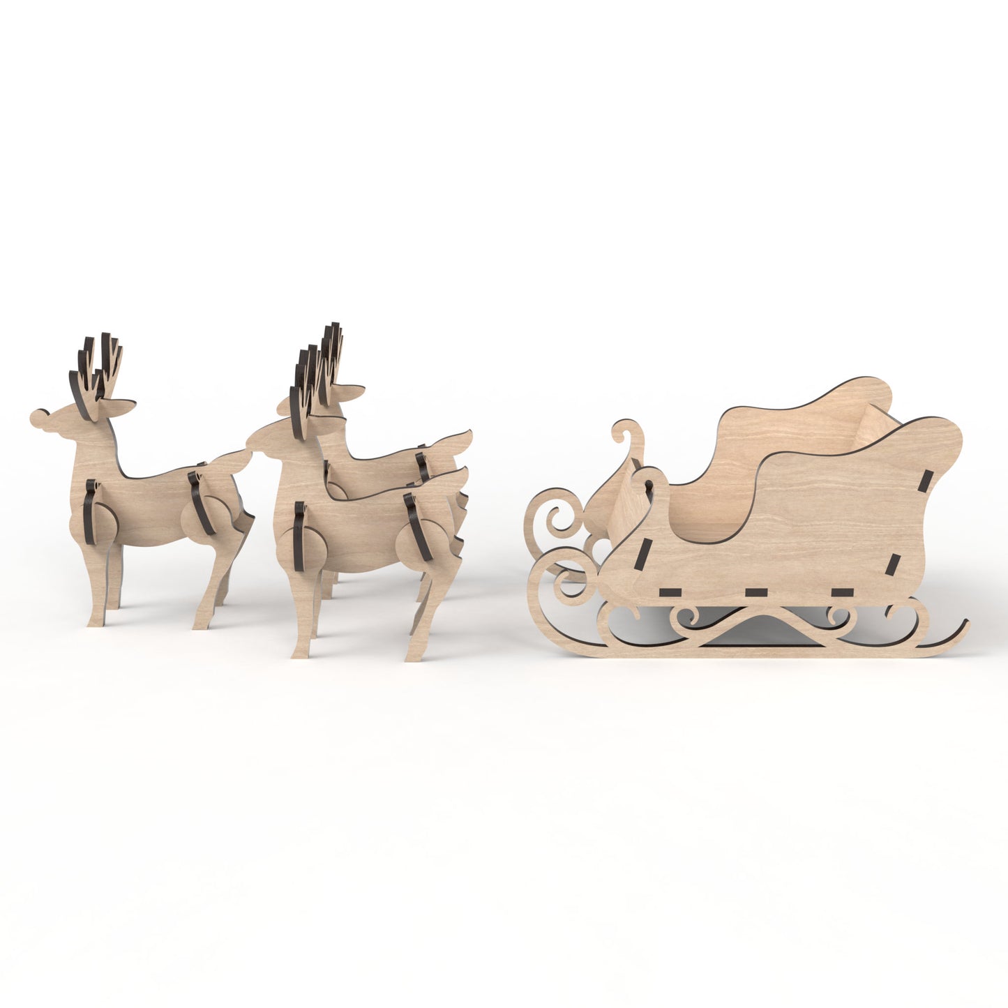 3D Reindeer and Santa Sleigh Kit made from our laser cutting files and available for digital download. The reindeer measure approximately 10.5cm L x 14cm H x 4.5cm W, and the sleigh measures 20cm L x 11cm H x 12cm W, perfect for sweets, treats, or small display items.