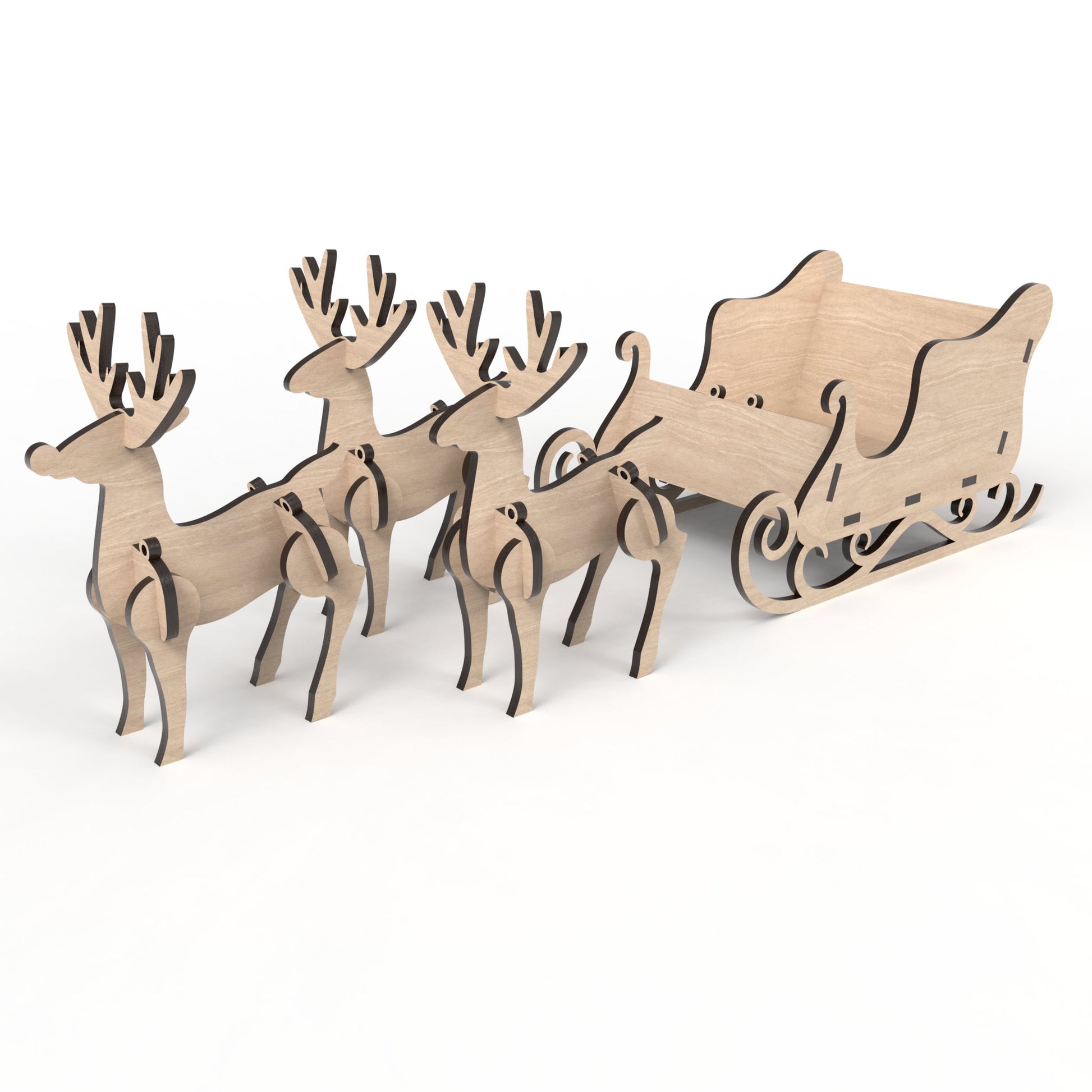 3D Reindeer and Santa Sleigh Kit made from our laser cutting files and available for digital download. The reindeer measure approximately 10.5cm L x 14cm H x 4.5cm W, and the sleigh measures 20cm L x 11cm H x 12cm W, perfect for sweets, treats, or small display items.