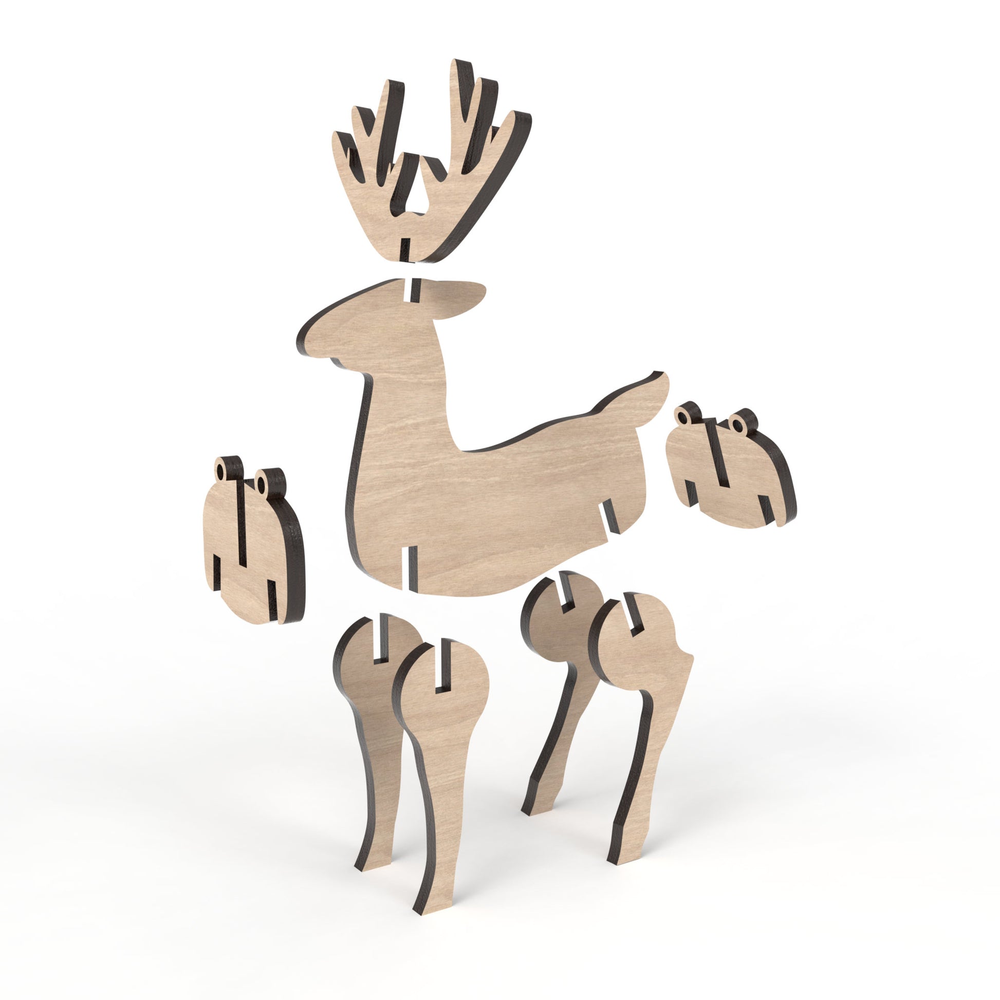 An exploded view of our slot together 3D Reindeer Kit made from our laser cutting files and available for digital download. The reindeer measure approximately 10.5cm L x 14cm H x 4.5cm W.