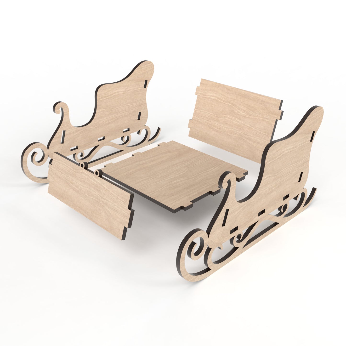 An exploded view of our slot together Santa Sleigh Kit made from our laser cutting files and available for digital download. The sleigh measures approximately 20cm L x 11cm H x 12cm W, perfect for sweets, treats, or small display items.