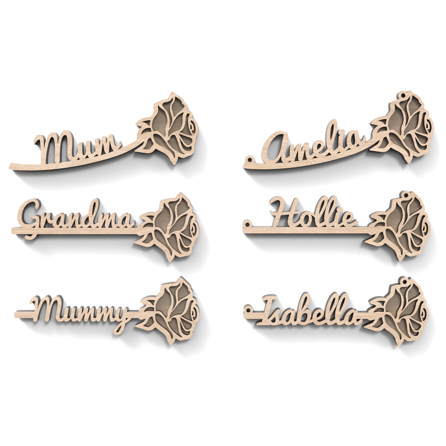 Set of 6 two-layered personalized roses made from our laser cutting files and available for digital download. Ideal for creating stunning decorations, personalized gifts, or unique ornaments for various occasions such as mothers day, weddings, birthdays, and home décor.