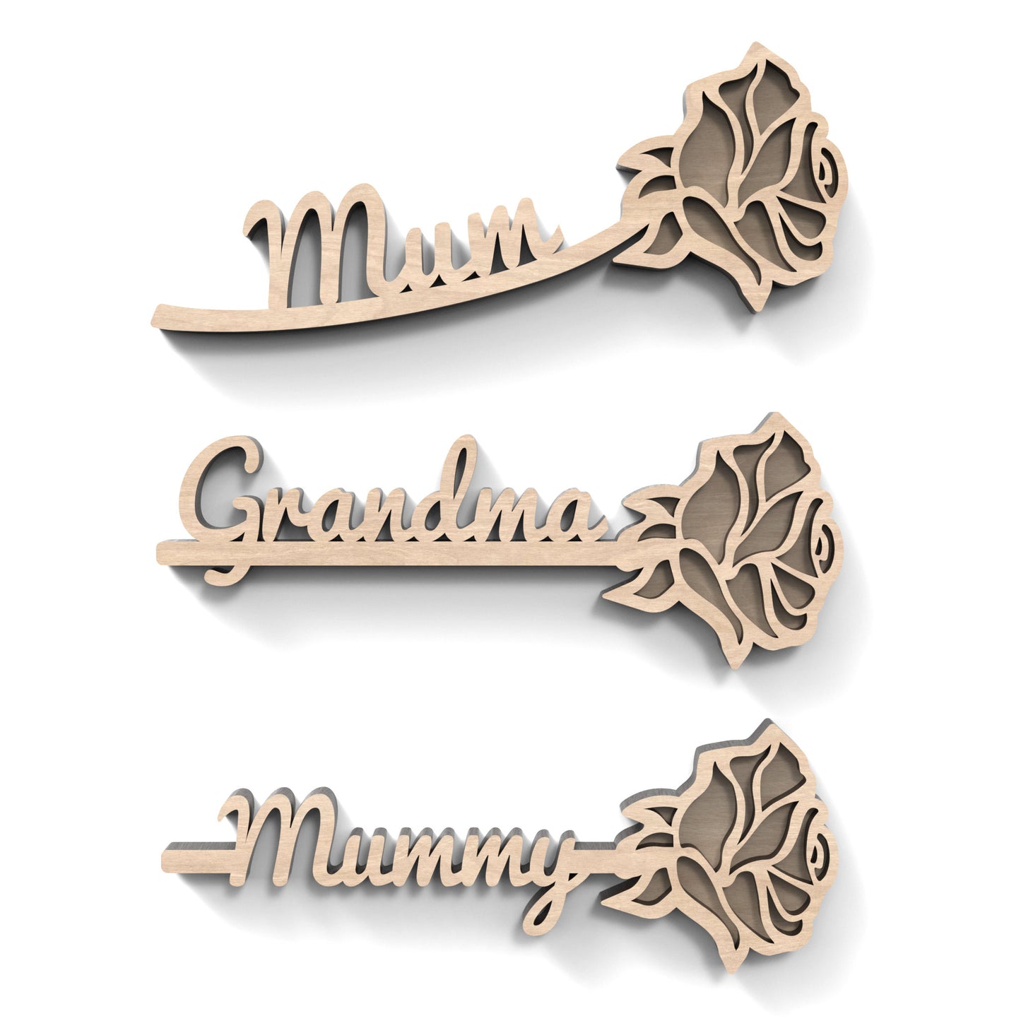 Set of 3 two-layered personalized roses made from our laser cutting files and available for digital download. Ideal for creating stunning decorations, personalized gifts, or unique ornaments for various occasions such as mothers day, weddings, birthdays, and home décor.