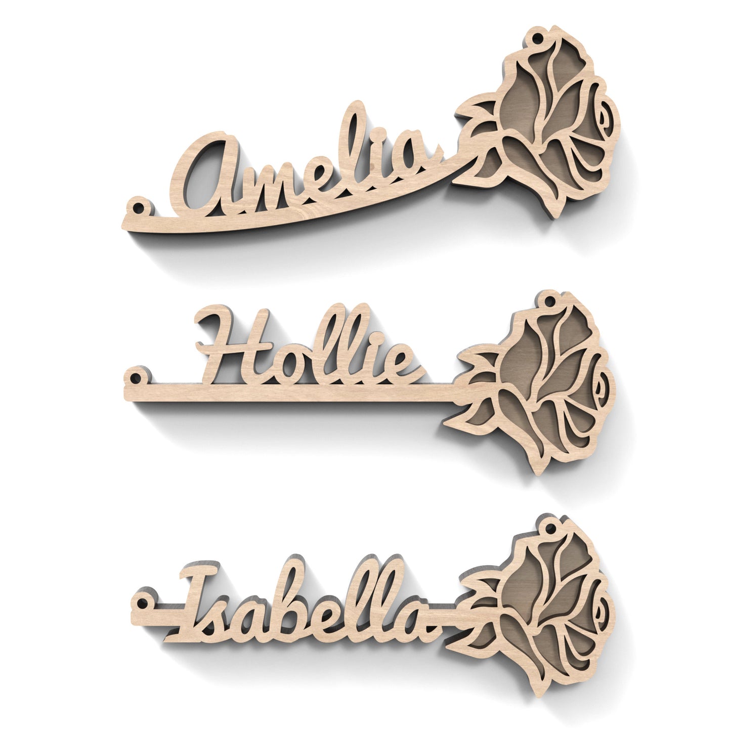 Set of 3 two-layered personalized roses made from our laser cutting files and available for digital download. Ideal for creating stunning decorations, personalized gifts, or unique ornaments for various occasions such as mothers day, weddings, birthdays, and home décor.