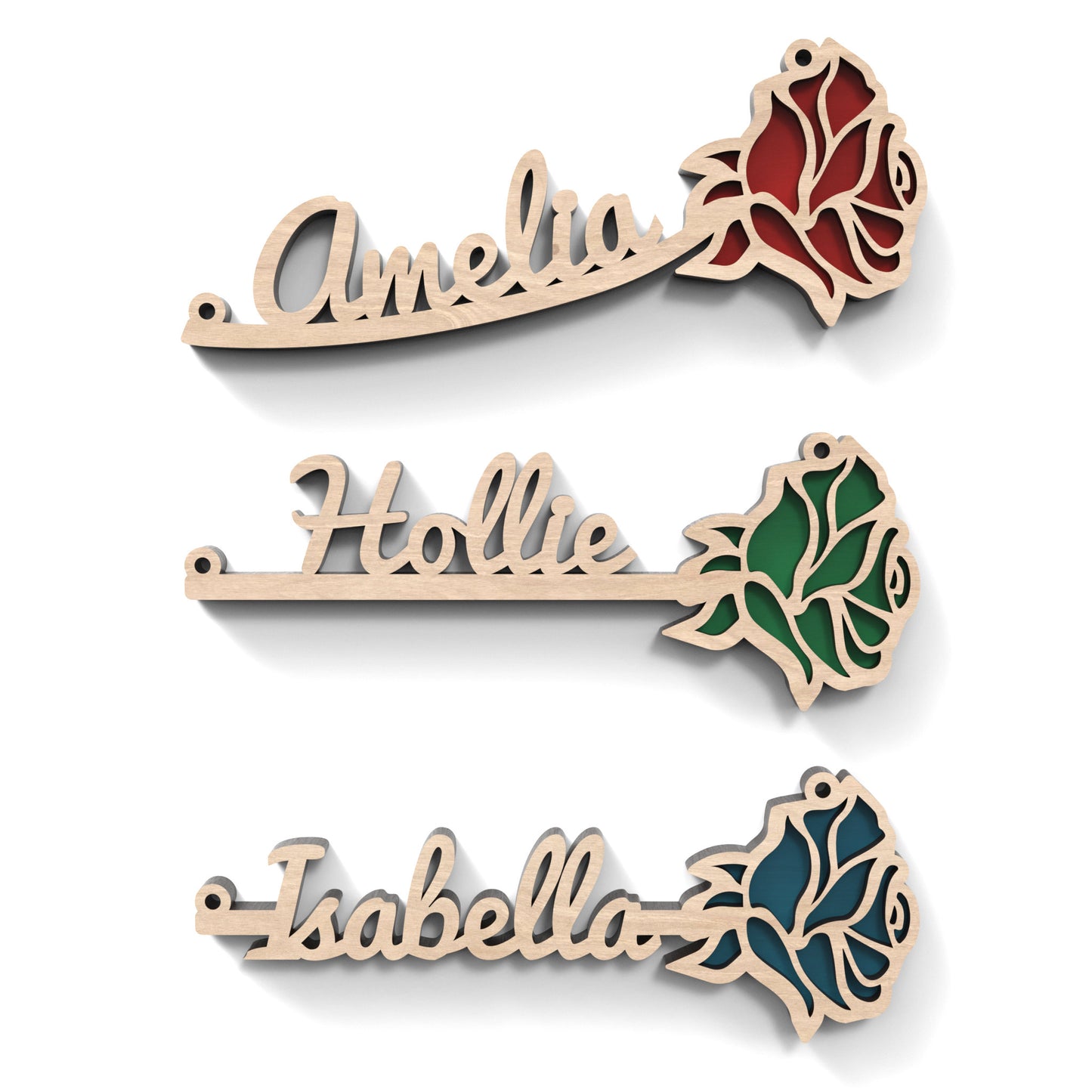 Set of 3 two-layered personalized roses made from our laser cutting files and available for digital download. Ideal for creating stunning decorations, personalized gifts, or unique ornaments for various occasions such as mothers day, weddings, birthdays, and home décor.