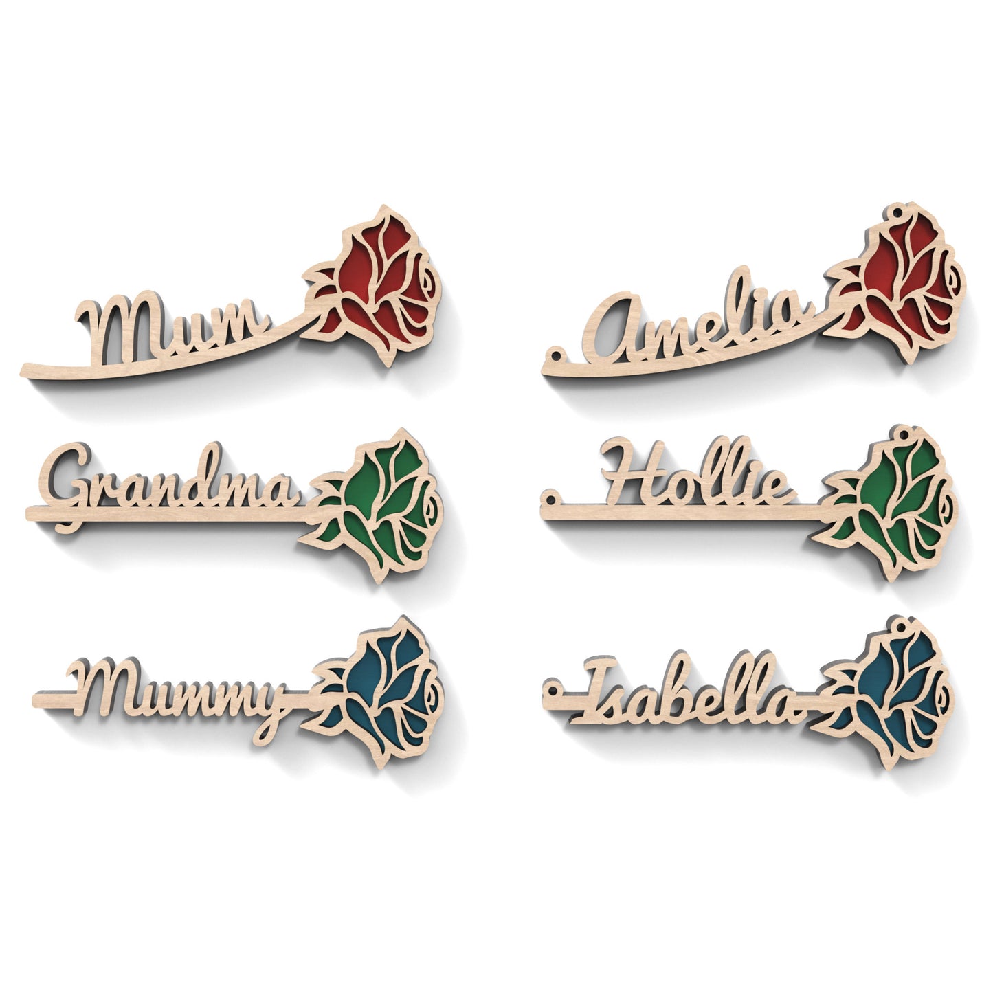 Set of 6 two-layered personalized roses made from our laser cutting files and available for digital download. Ideal for creating stunning decorations, personalized gifts, or unique ornaments for various occasions such as mothers day, weddings, birthdays, and home décor.