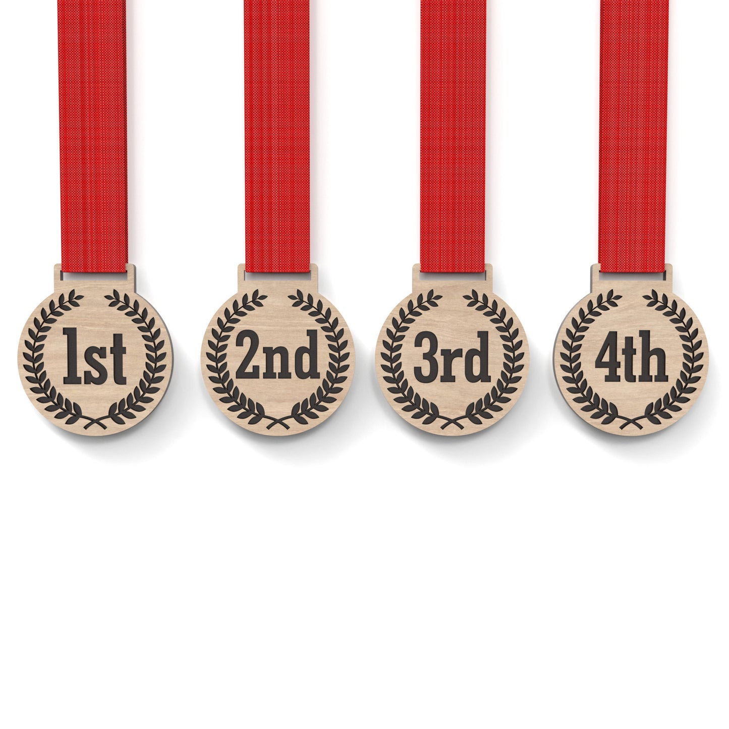 Set of 4 running medals made from our laser cutting files and available for digital download. Each medal is 6cm wide with a slot for a 2.5cm ribbon at the top and features engraving from 1st to 4th place.