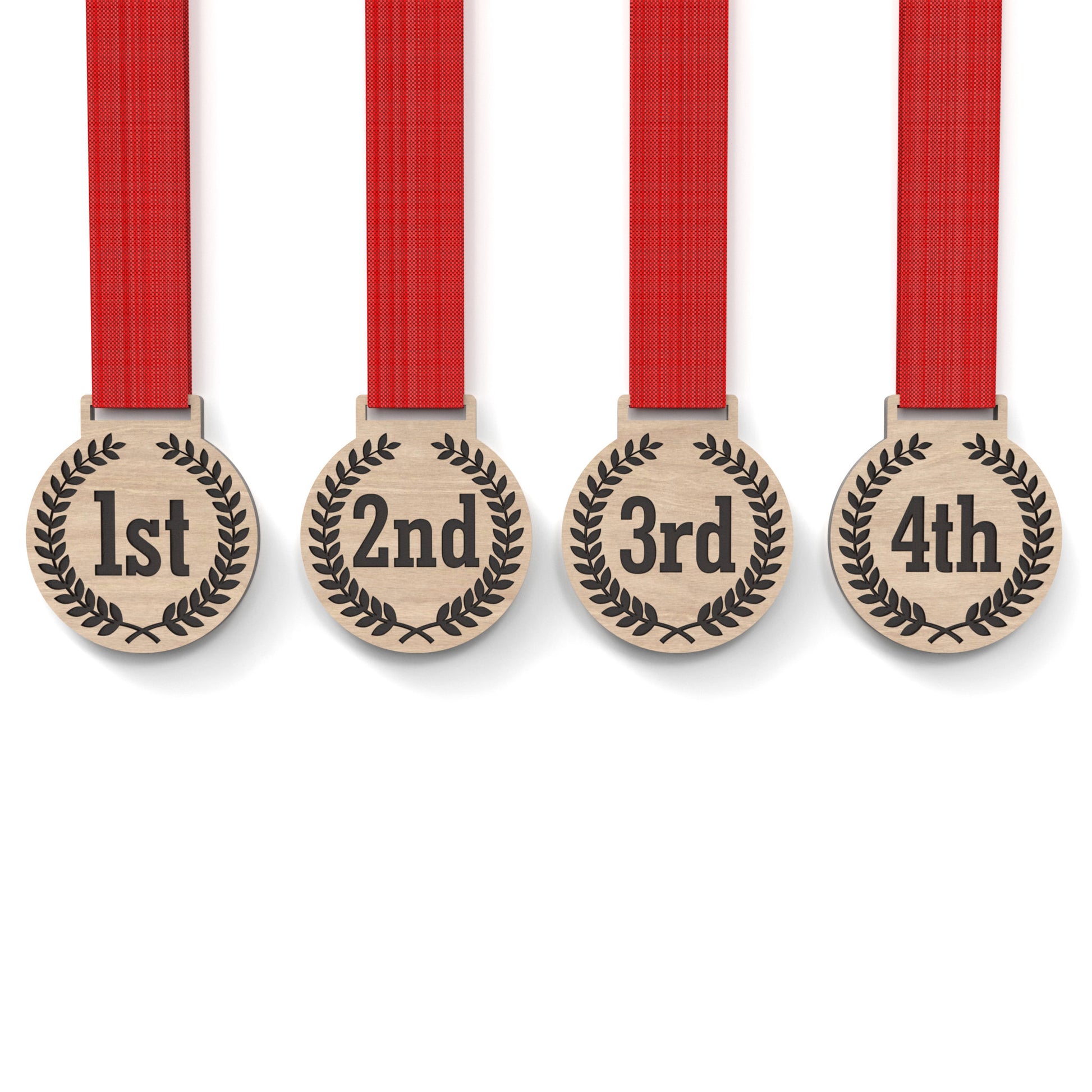 Set of 4 running medals made from our laser cutting files and available for digital download. Each medal is 6cm wide with a slot for a 2.5cm ribbon at the top and features engraving from 1st to 4th place.