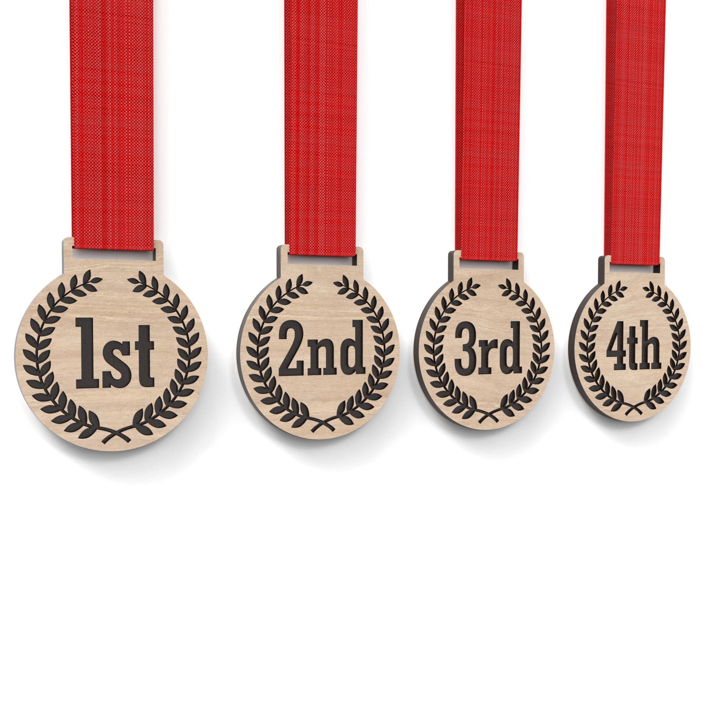 Set of 4 running medals made from our laser cutting files and available for digital download. Each medal is 6cm wide with a slot for a 2.5cm ribbon at the top and features engraving from 1st to 4th place.