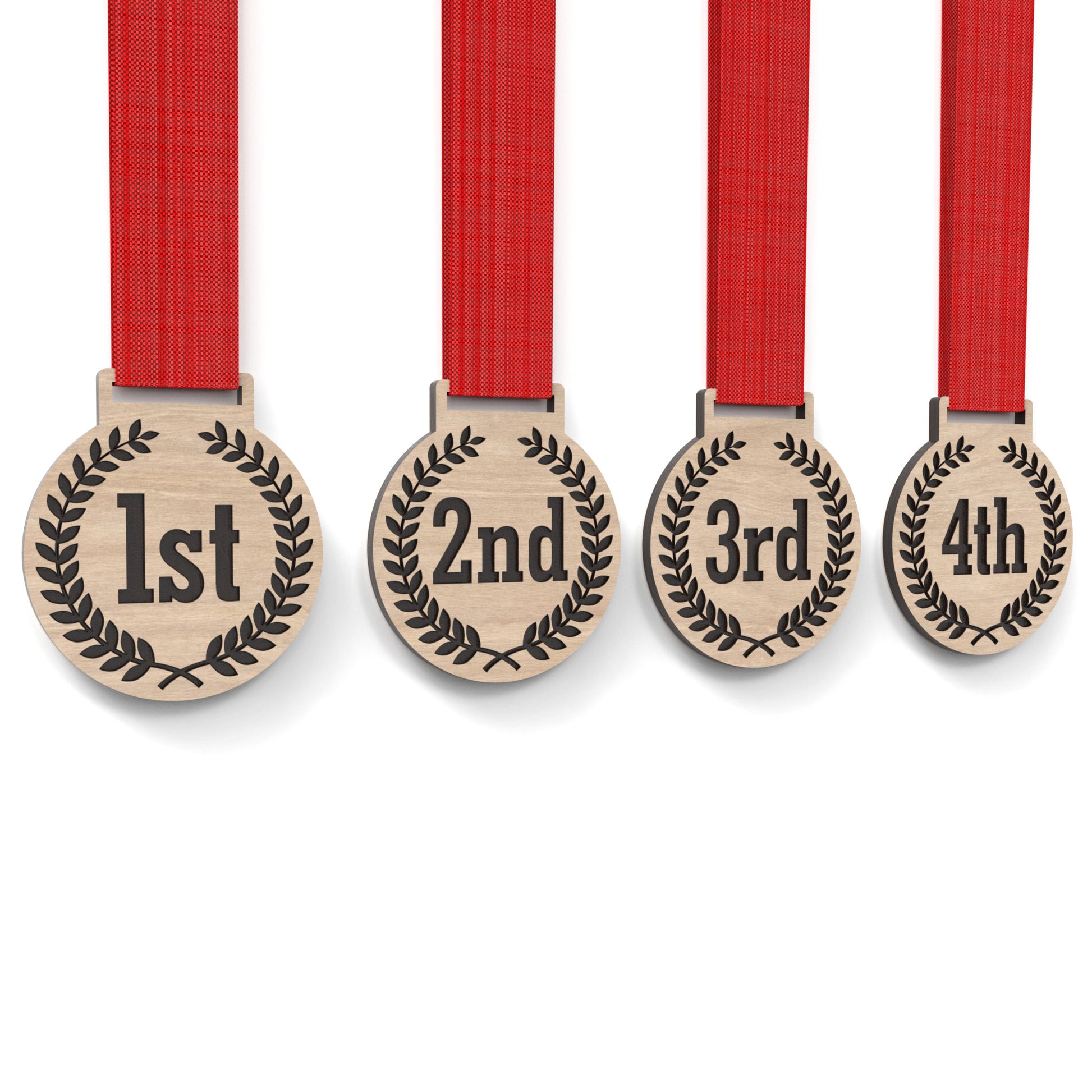 Set of 4 running medals made from our laser cutting files and available for digital download. Each medal is 6cm wide with a slot for a 2.5cm ribbon at the top and features engraving from 1st to 4th place.
