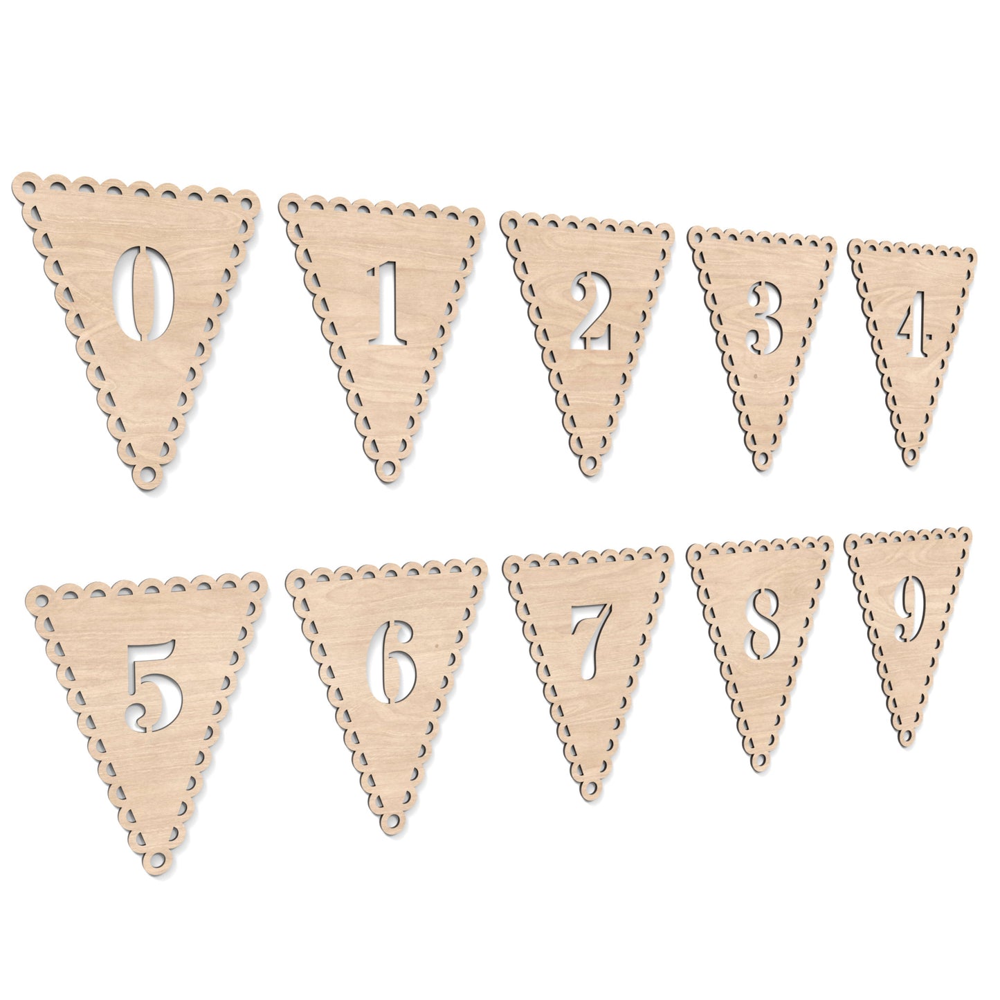 0-9 Number Flag Garland Bunting made from our laser cutting files and available as a digital download. Each flag features a separate letter cut out of its centre.