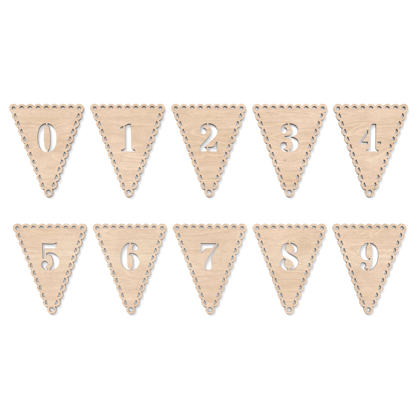 0-9 Number Flag Garland Bunting made from our laser cutting files and available as a digital download. Each flag features a separate letter cut out of its centre.