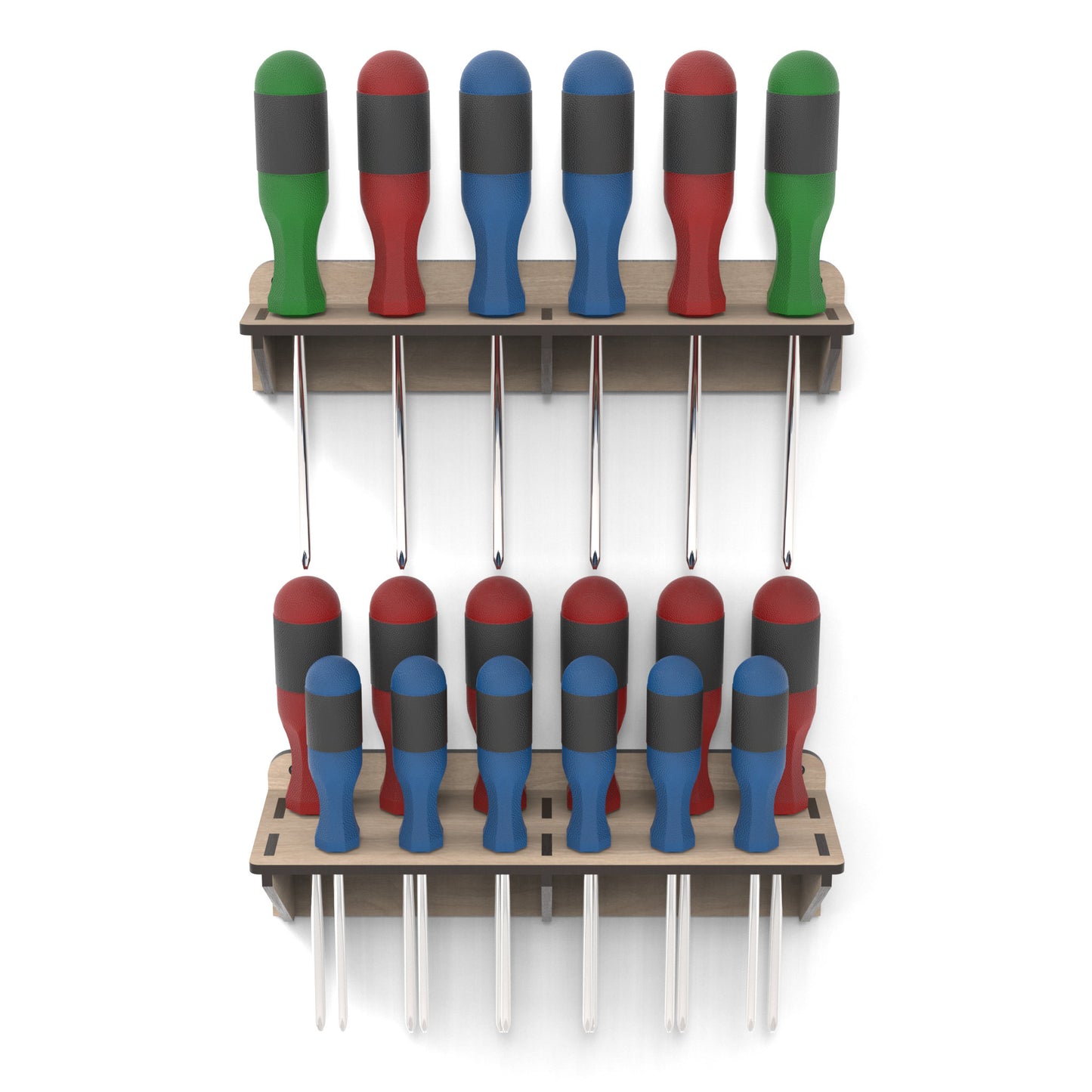 Set of 2 Screwdriver Tool Holders made from our laser cutting files and available for digital download. Keep your tools within easy reach and your workspace organized with these versatile screwdriver storage brackets.