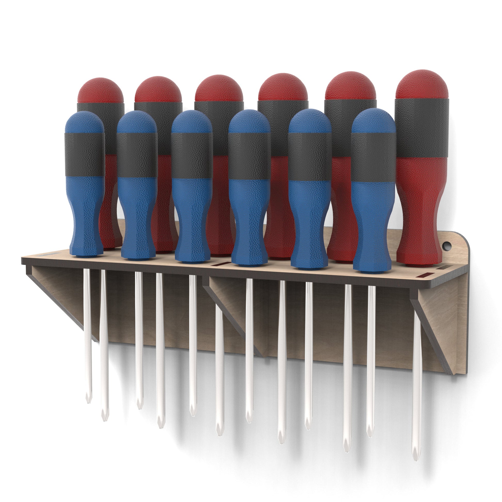 A Screwdriver Tool Holder for 12 screwdrivers made from our laser cutting files and available for digital download. Keep your tools within easy reach and your workspace organized with this versatile screwdriver storage bracket.