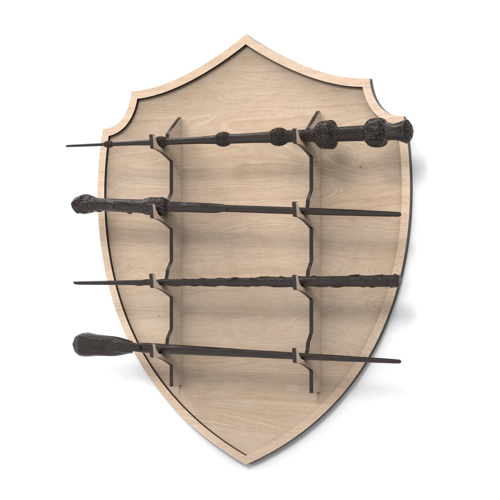 A Shield Magic Wand Holder Display Stand made from our laser cutting files and available for digital download. Perfect for showcasing and organizing up to four individual wands in a captivating arrangement.