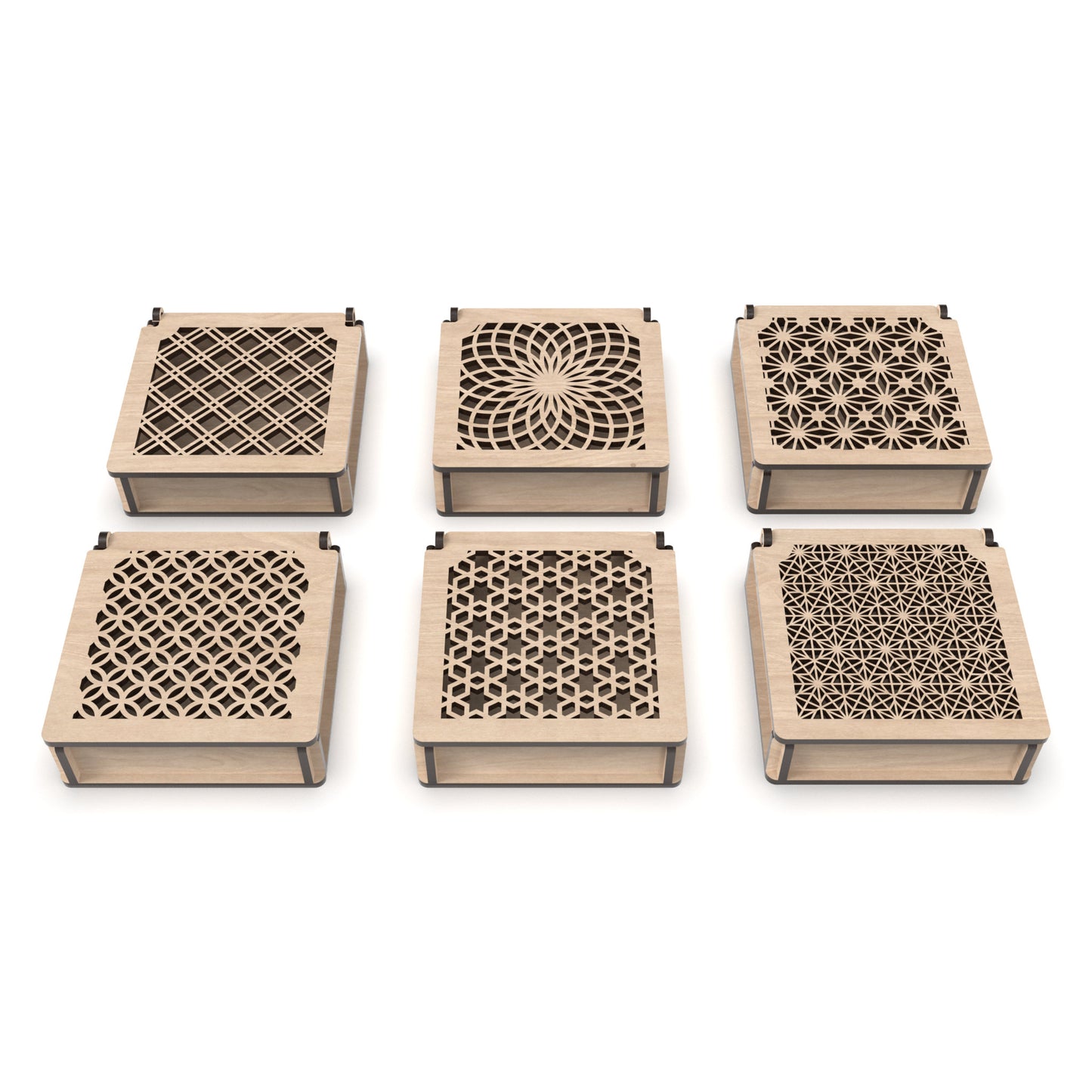 Set of 6 decorative flip-top boxes made from our laser cutting files and available for digital download. Ideal for storing jewellery, trinkets, or small items. Each box measures 12cm x 12cm and is 3.4cm deep.