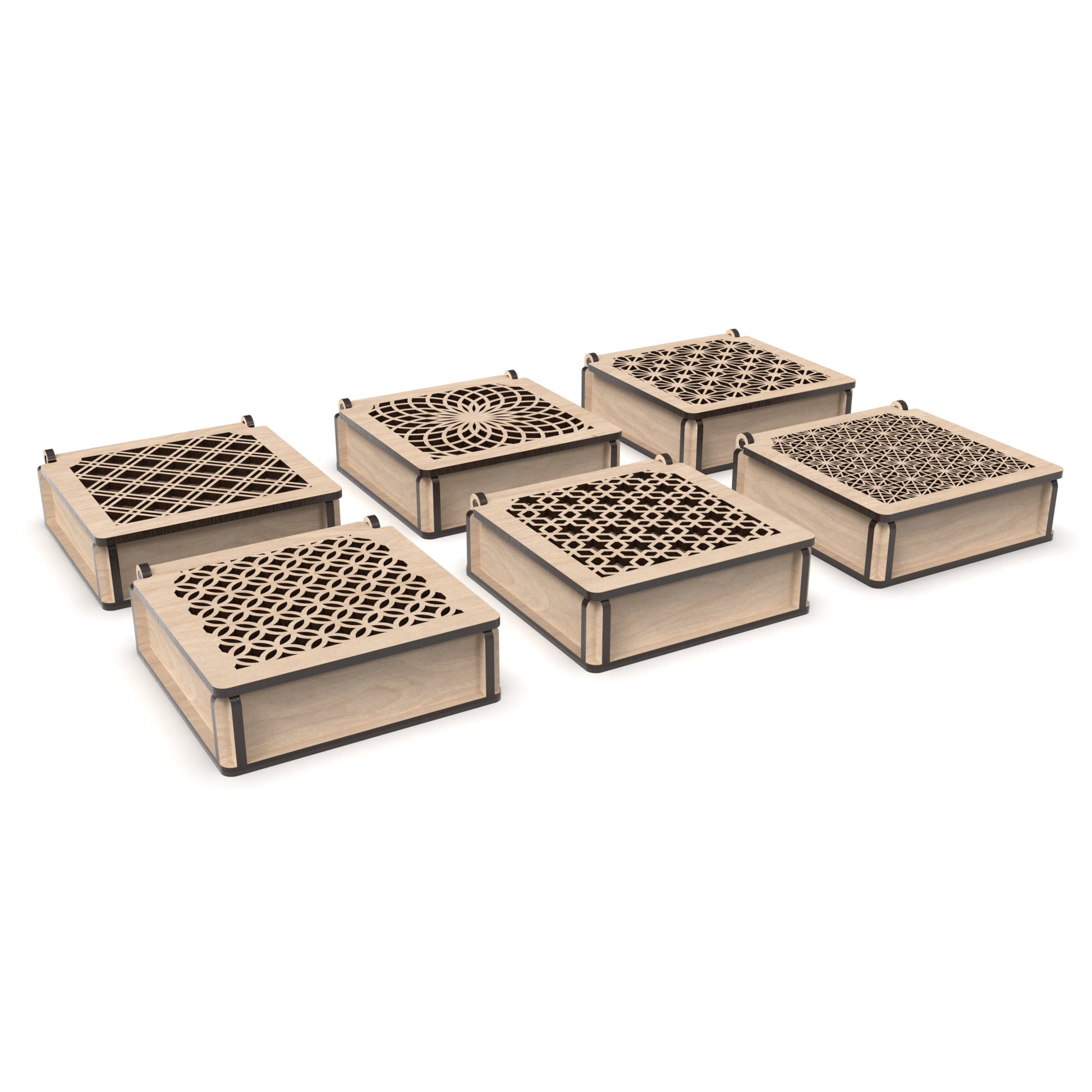 Set of 6 decorative flip-top boxes made from our laser cutting files and available for digital download. Ideal for storing jewellery, trinkets, or small items. Each box measures 12cm x 12cm and is 3.4cm deep.