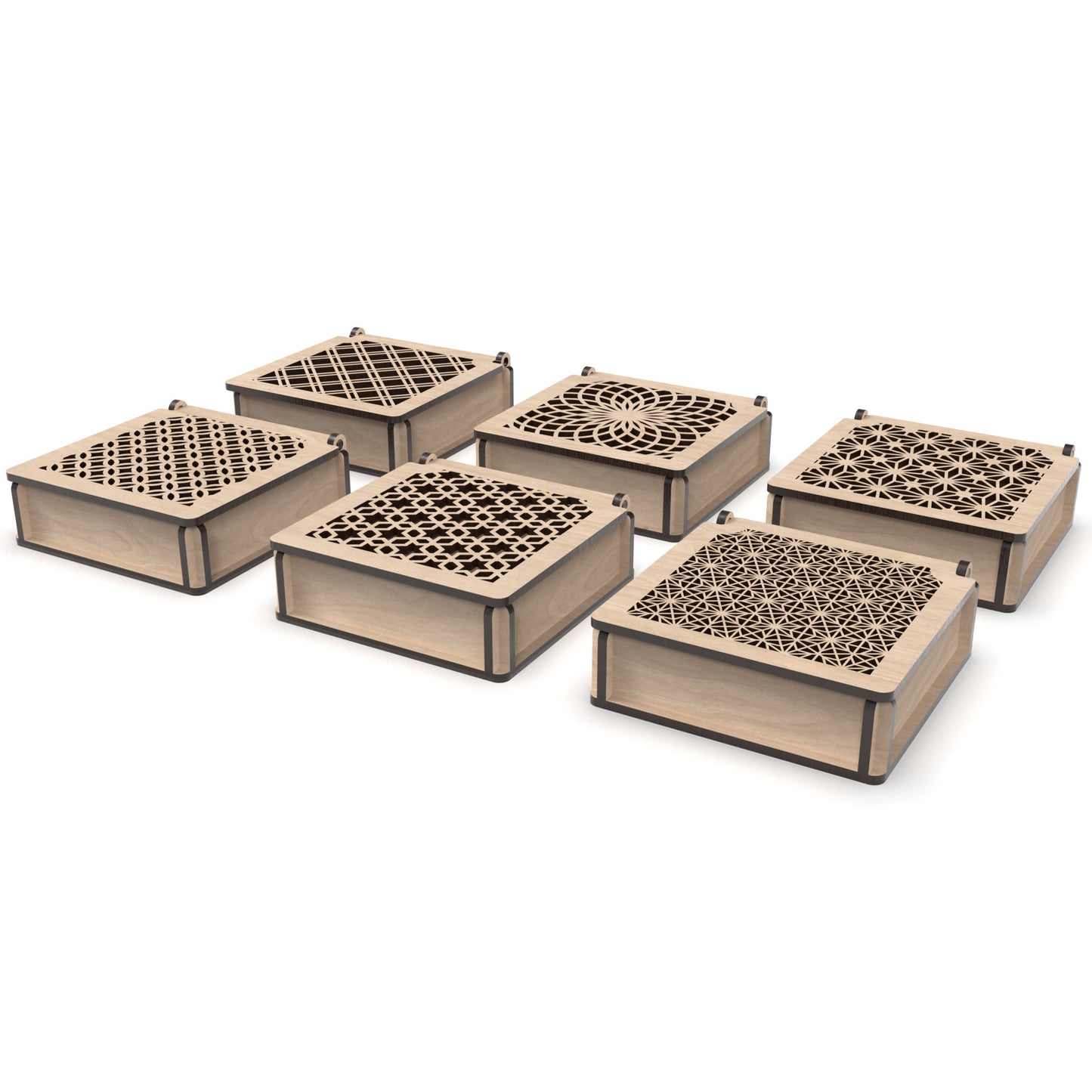 Set of 6 decorative flip-top boxes made from our laser cutting files and available for digital download. Ideal for storing jewellery, trinkets, or small items. Each box measures 12cm x 12cm and is 3.4cm deep.