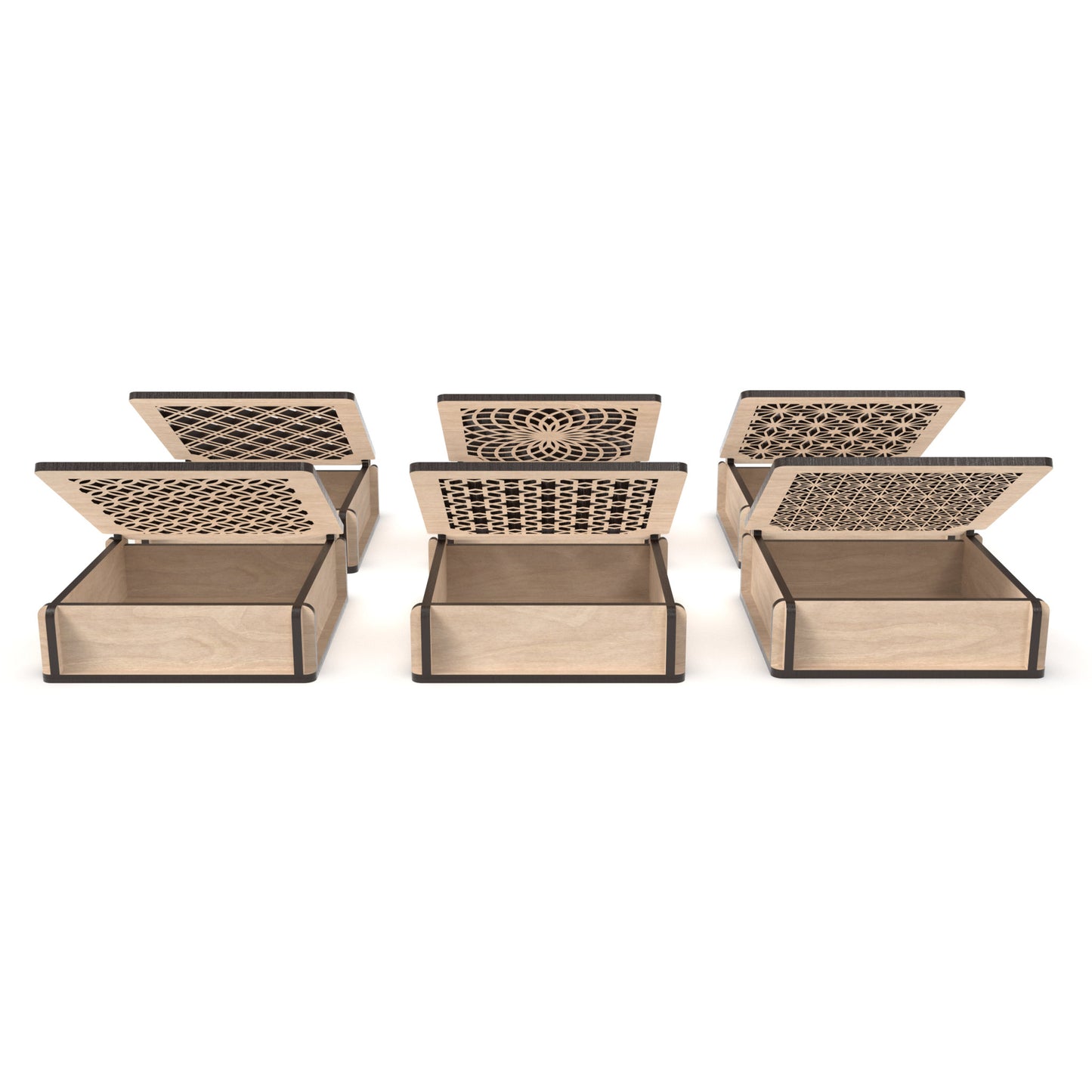 Set of 6 decorative flip-top boxes made from our laser cutting files and available for digital download. Ideal for storing jewellery, trinkets, or small items. Each box measures 12cm x 12cm and is 3.4cm deep.