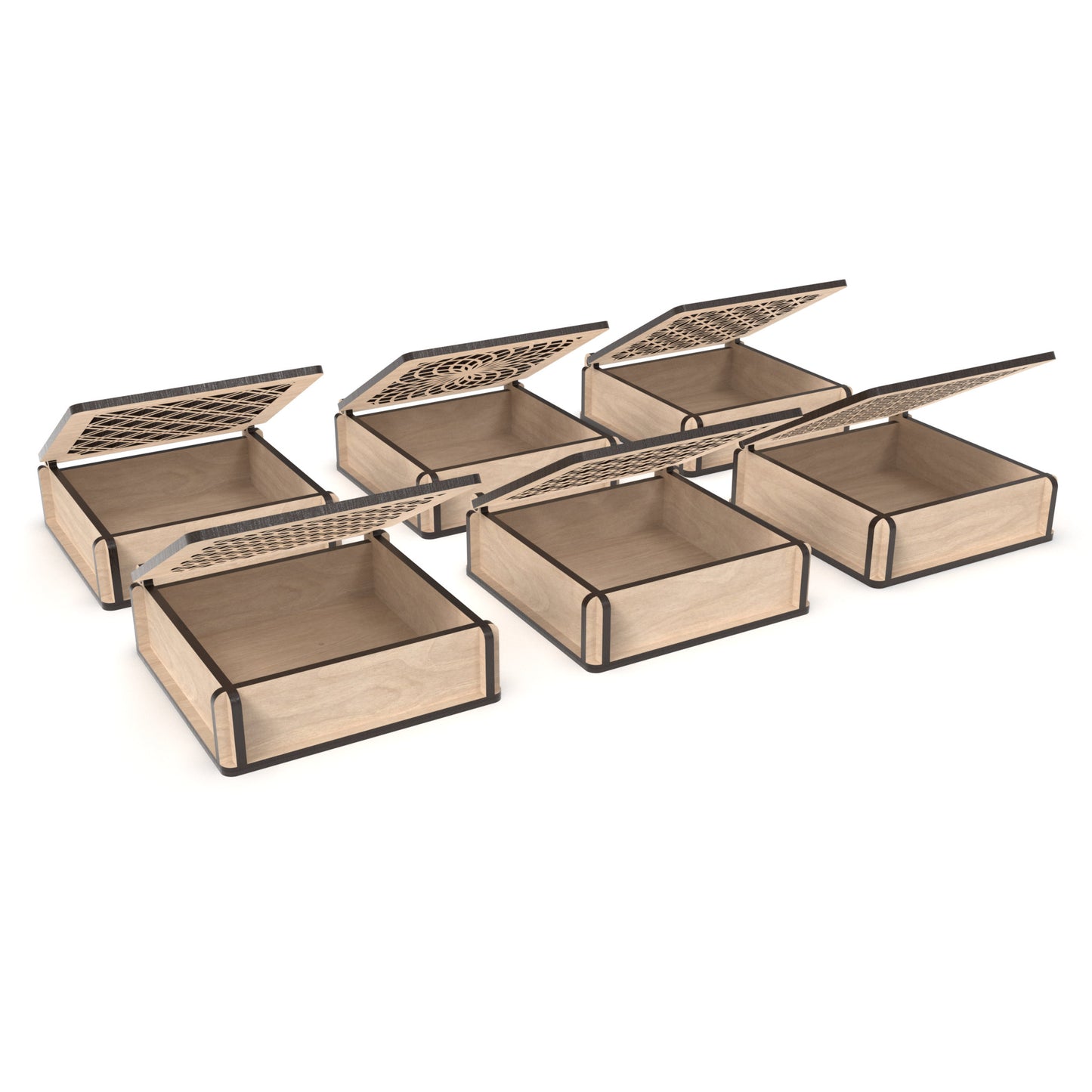 Set of 6 decorative flip-top boxes made from our laser cutting files and available for digital download. Ideal for storing jewellery, trinkets, or small items. Each box measures 12cm x 12cm and is 3.4cm deep.