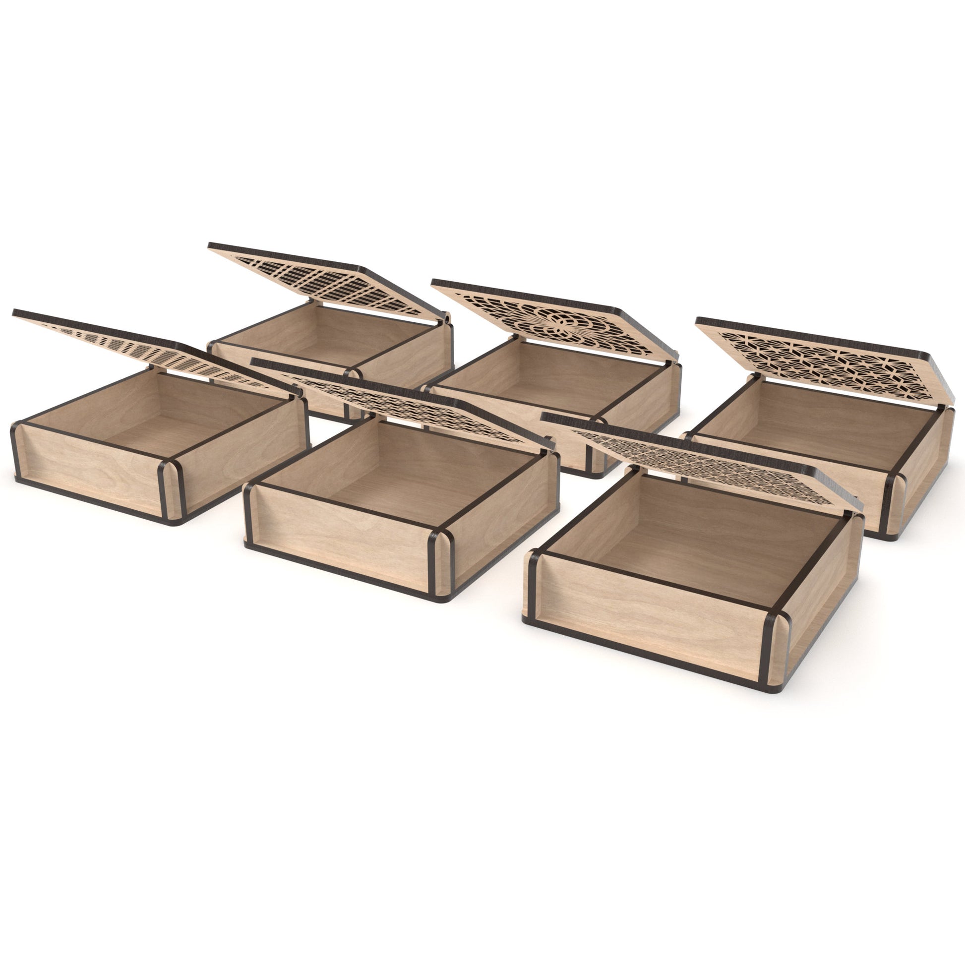 Set of 6 decorative flip-top boxes made from our laser cutting files and available for digital download. Ideal for storing jewellery, trinkets, or small items. Each box measures 12cm x 12cm and is 3.4cm deep.