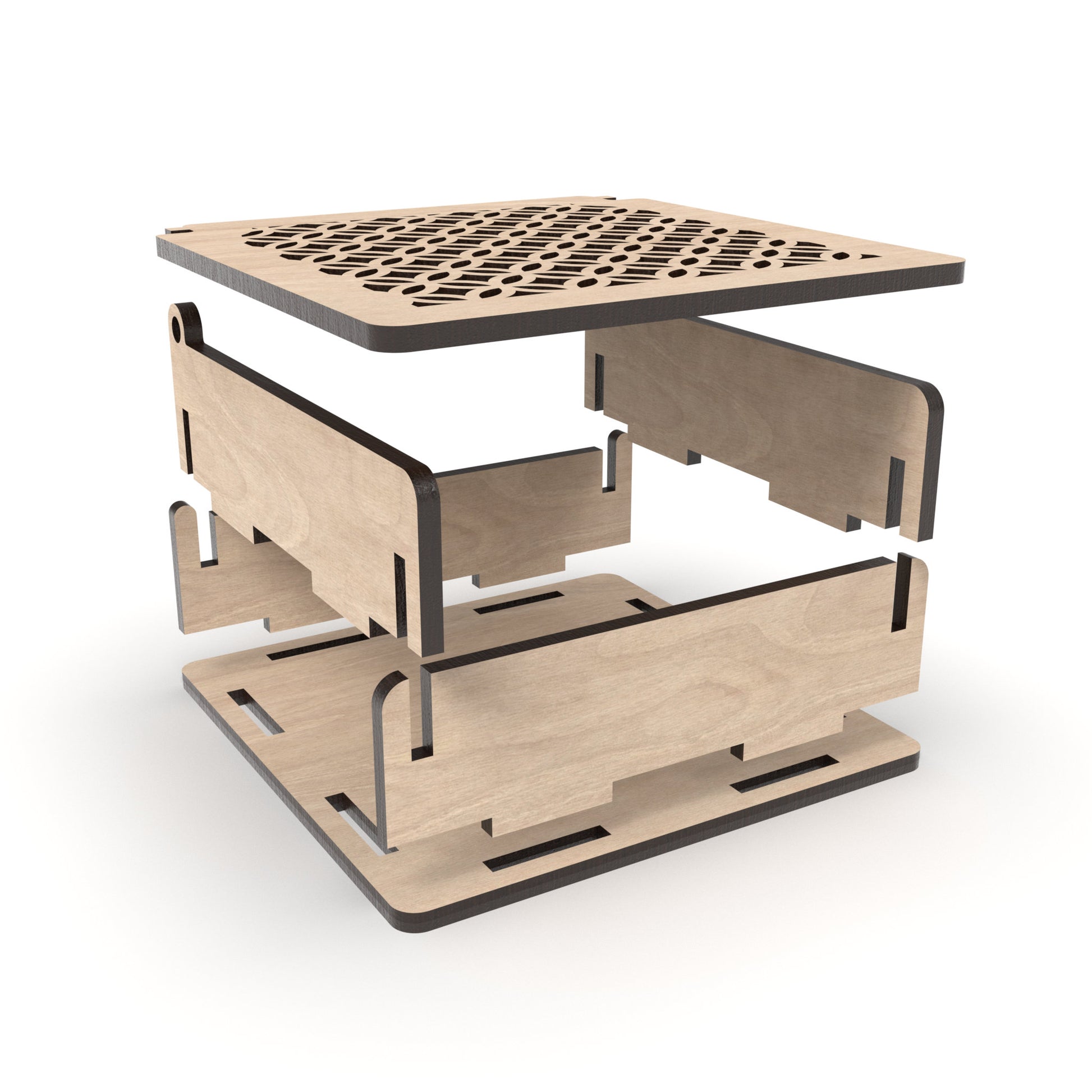 An exploded view of our decorative flip-top boxes made from our laser cutting files and available for digital download. Ideal for storing jewellery, trinkets, or small items. Each box measures 12cm x 12cm and is 3.4cm deep.