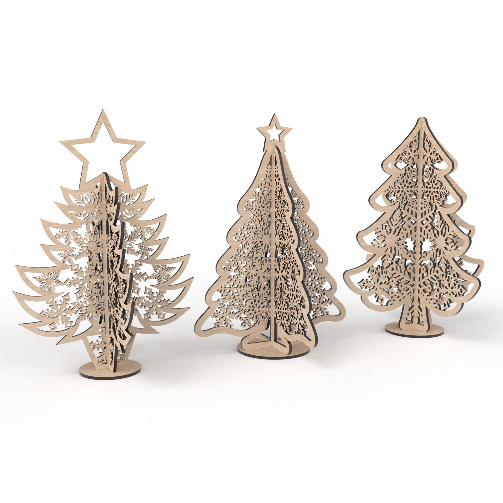 Set of 3 Snowflake Christmas Trees made from our laser cutting files and available for digital download. Includes 3 freestanding unique tree designs, 2 with delicate stars on top, all featuring beautifully detailed snowflake cut outs.